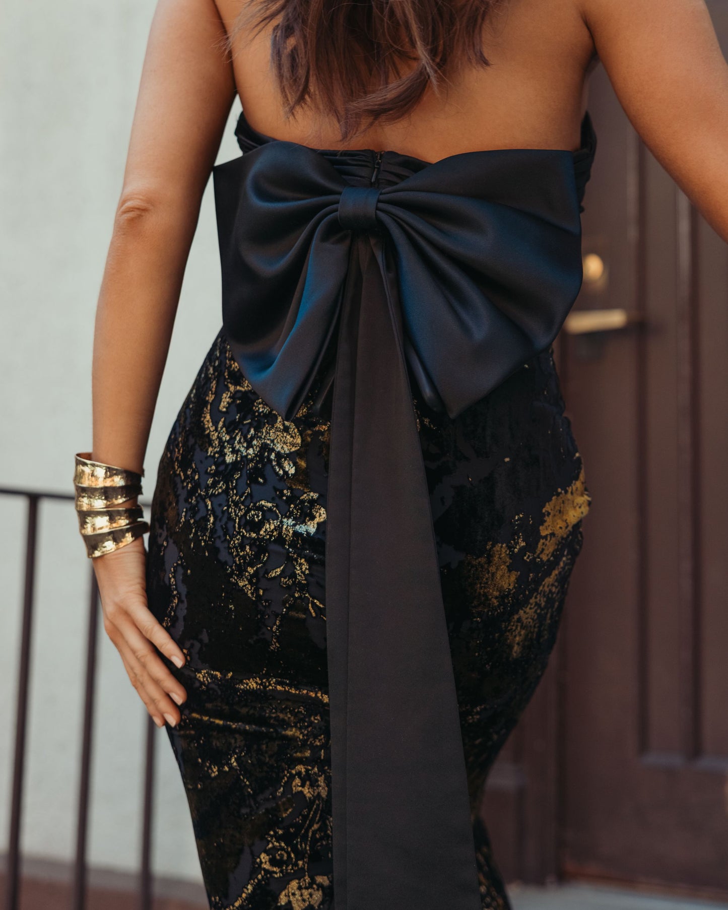 Black Satin And Velvet Strapless Gown With Bow - Ieena for Mac Duggal