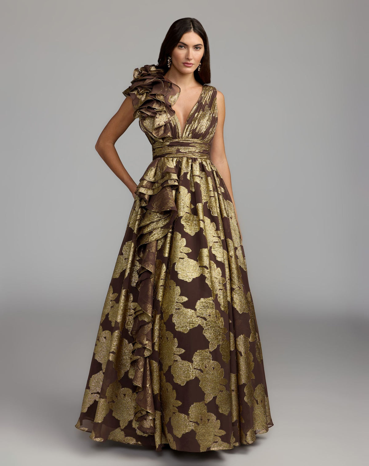 Brown Metallic V-Neck Ruffle Detail Ball Gown - Mac Duggal
