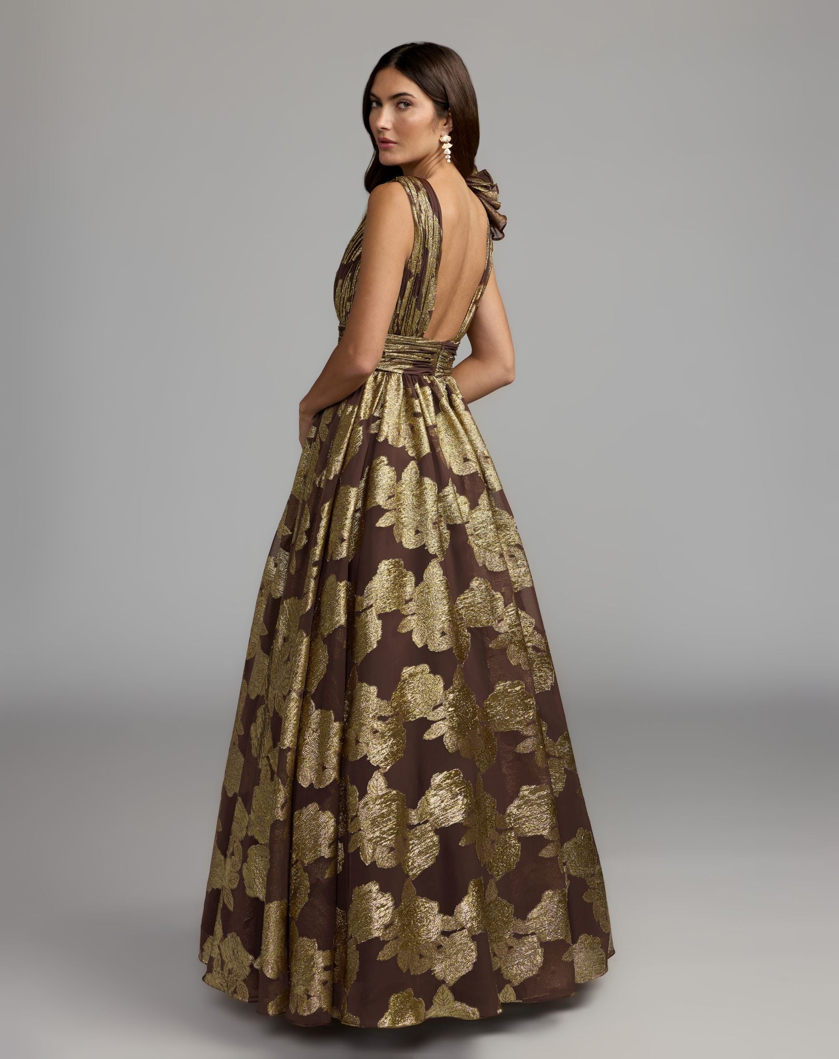 Brown Metallic V-Neck Ruffle Detail Ball Gown - Mac Duggal