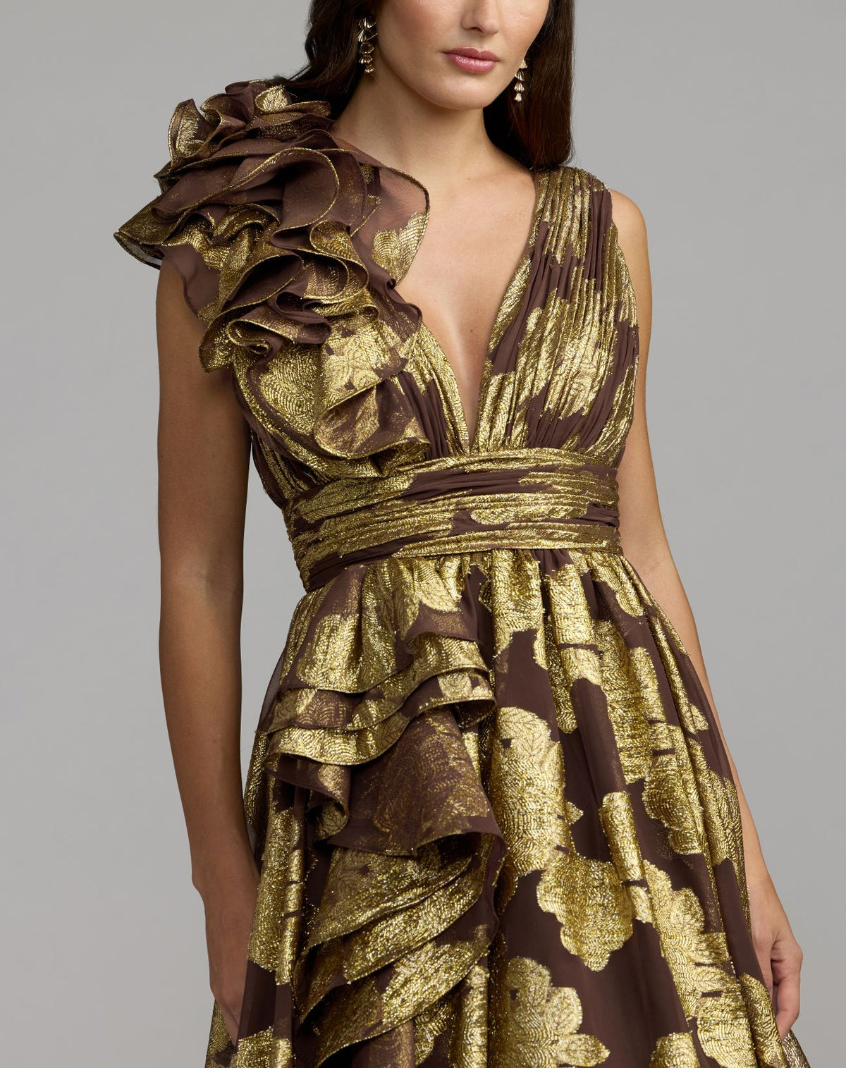 Brown Metallic V-Neck Ruffle Detail Ball Gown - Mac Duggal