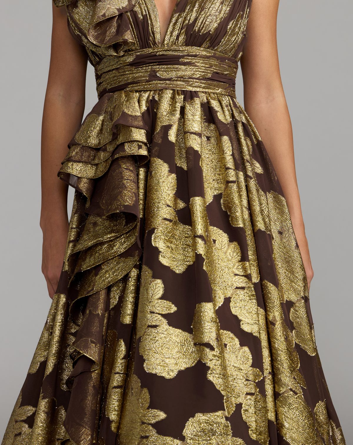 Brown Metallic V-Neck Ruffle Detail Ball Gown - Mac Duggal