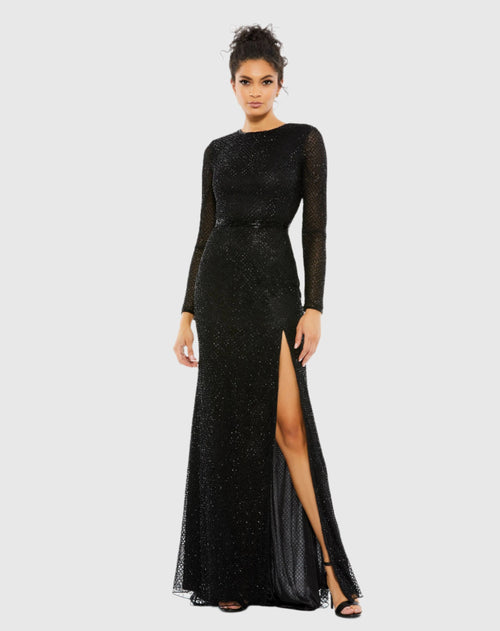 Beaded High Neck Long Sleeve Gown With Detailed Belt