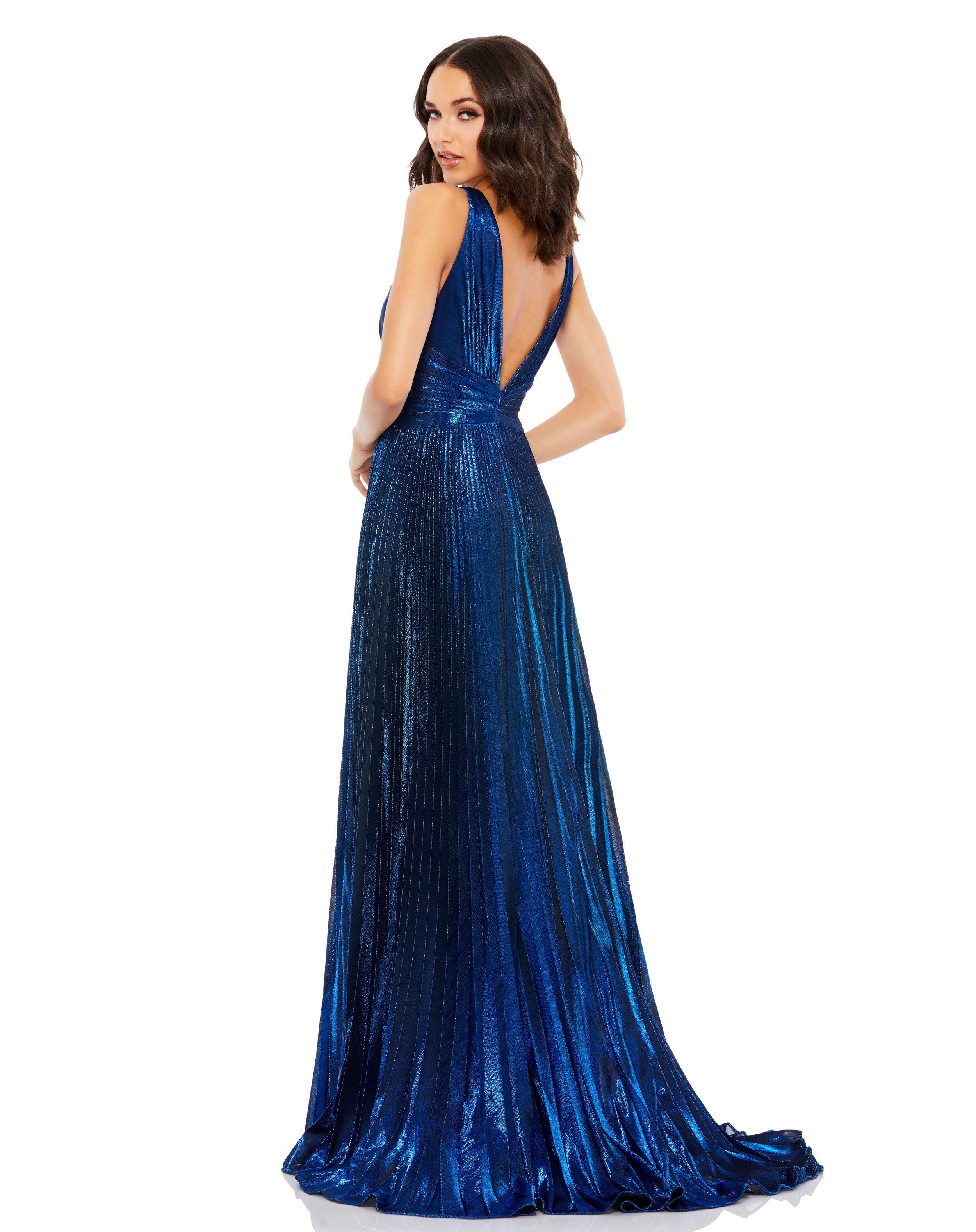 Plunge Neck Pleated Metallic Gown