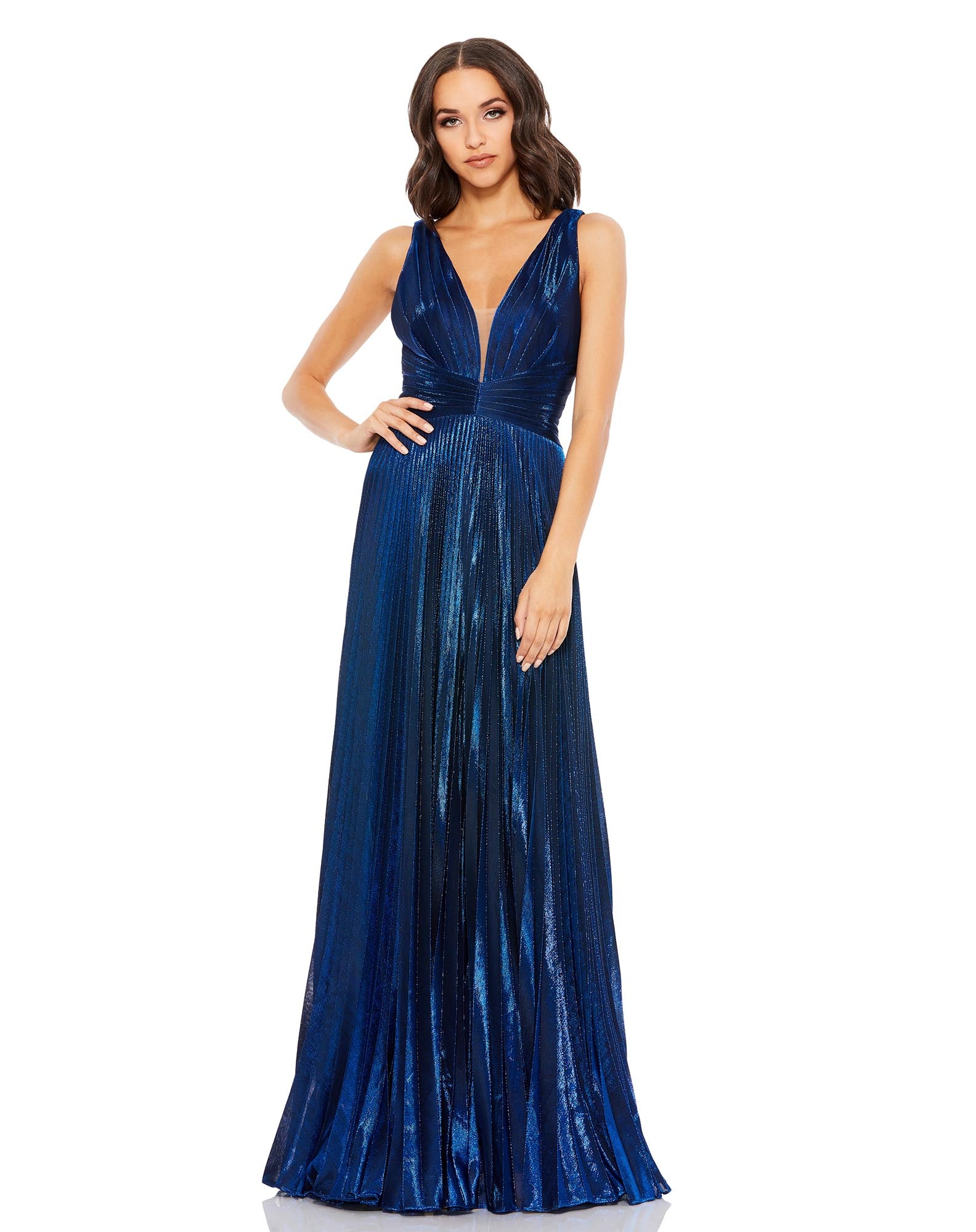 Plunge Neck Pleated Metallic Gown
