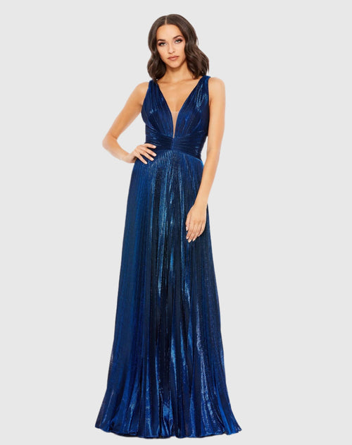 Plunge Neck Pleated Metallic Gown