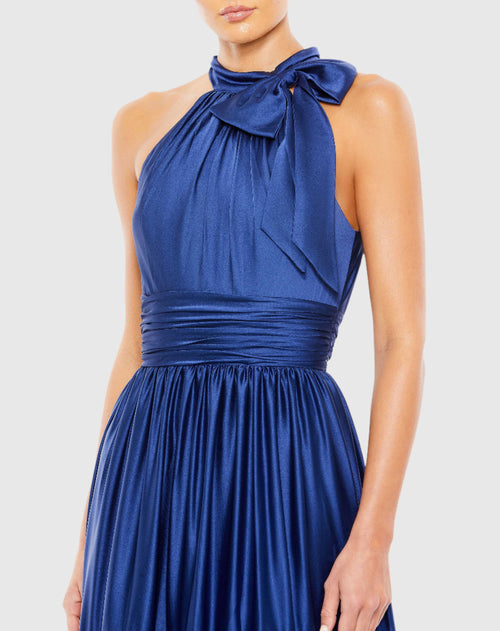 Ruffle Tiered Soft Tie Halter Neck Gown