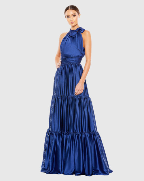 Ruffle Tiered Soft Tie Halter Neck Gown