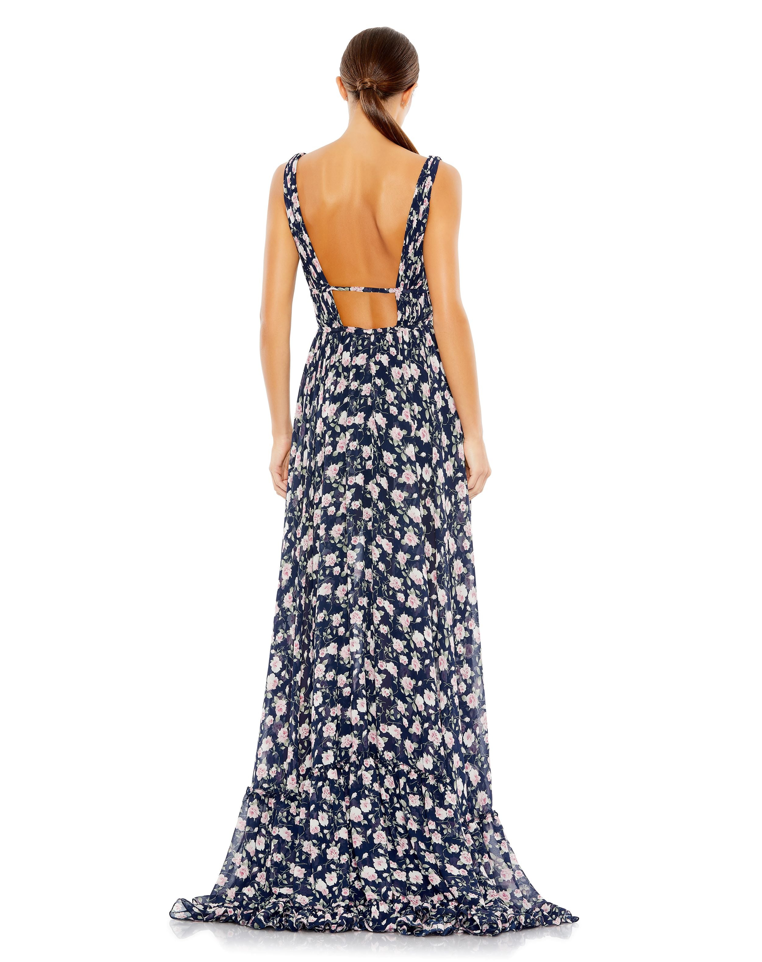 Floral Print Sleeveless Ruffled High-Low Gown