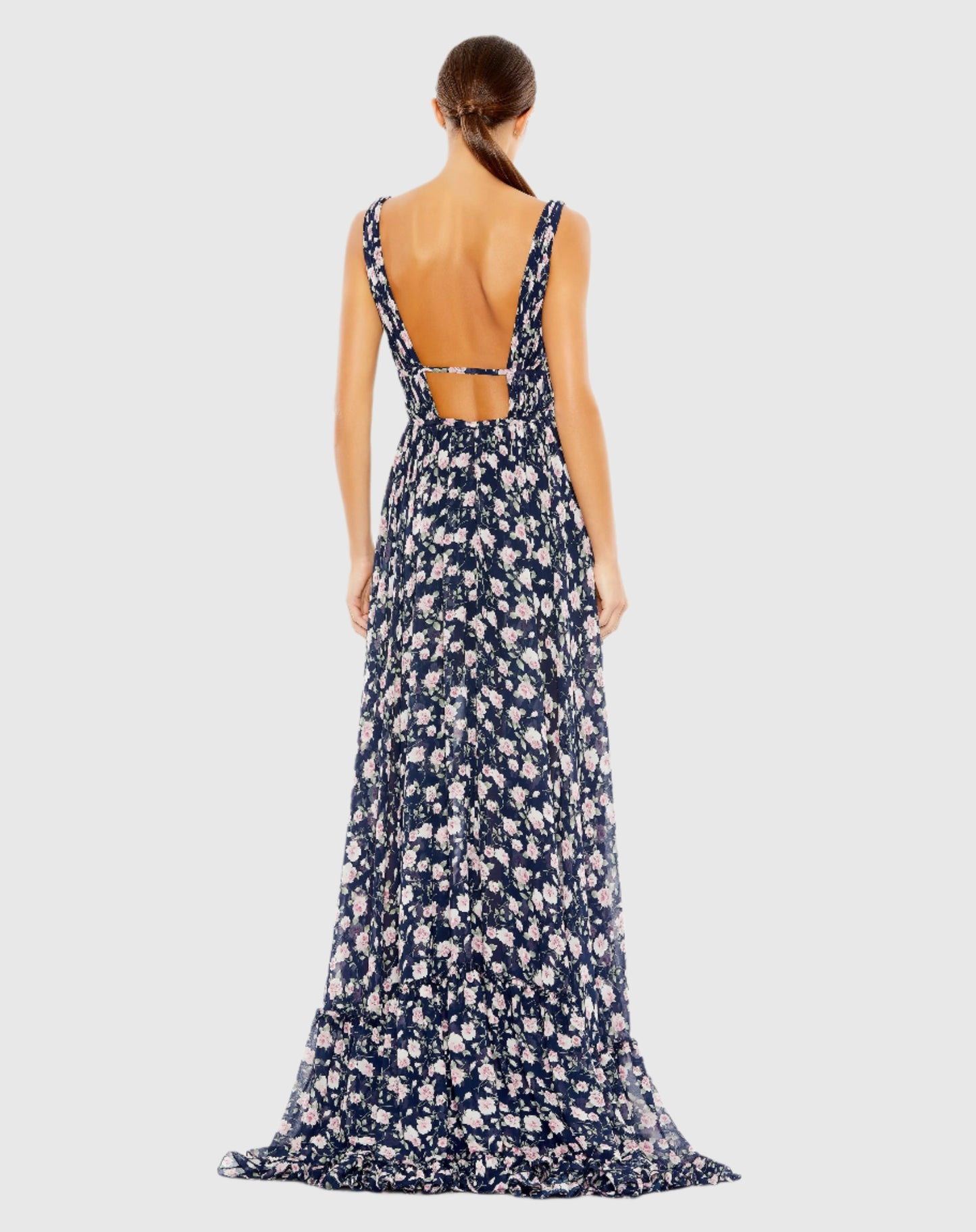 Vestido alto-bajo con volantes, sin mangas y estampado floral