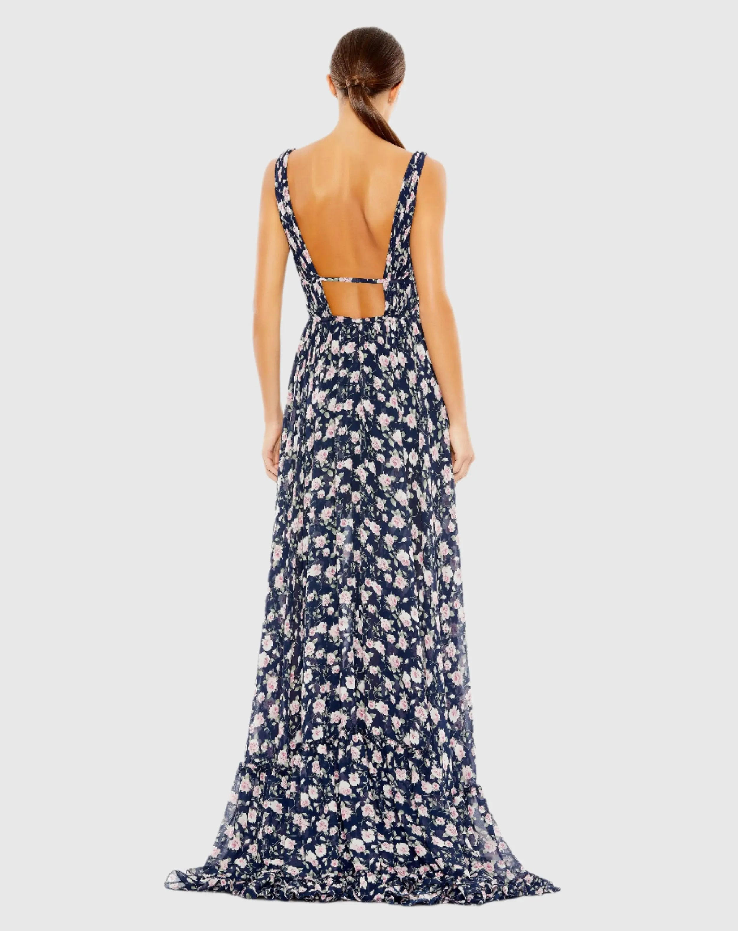 Navy Multicolor Floral Print Sleeveless Ruffled High-Low Gown - Mac Duggal