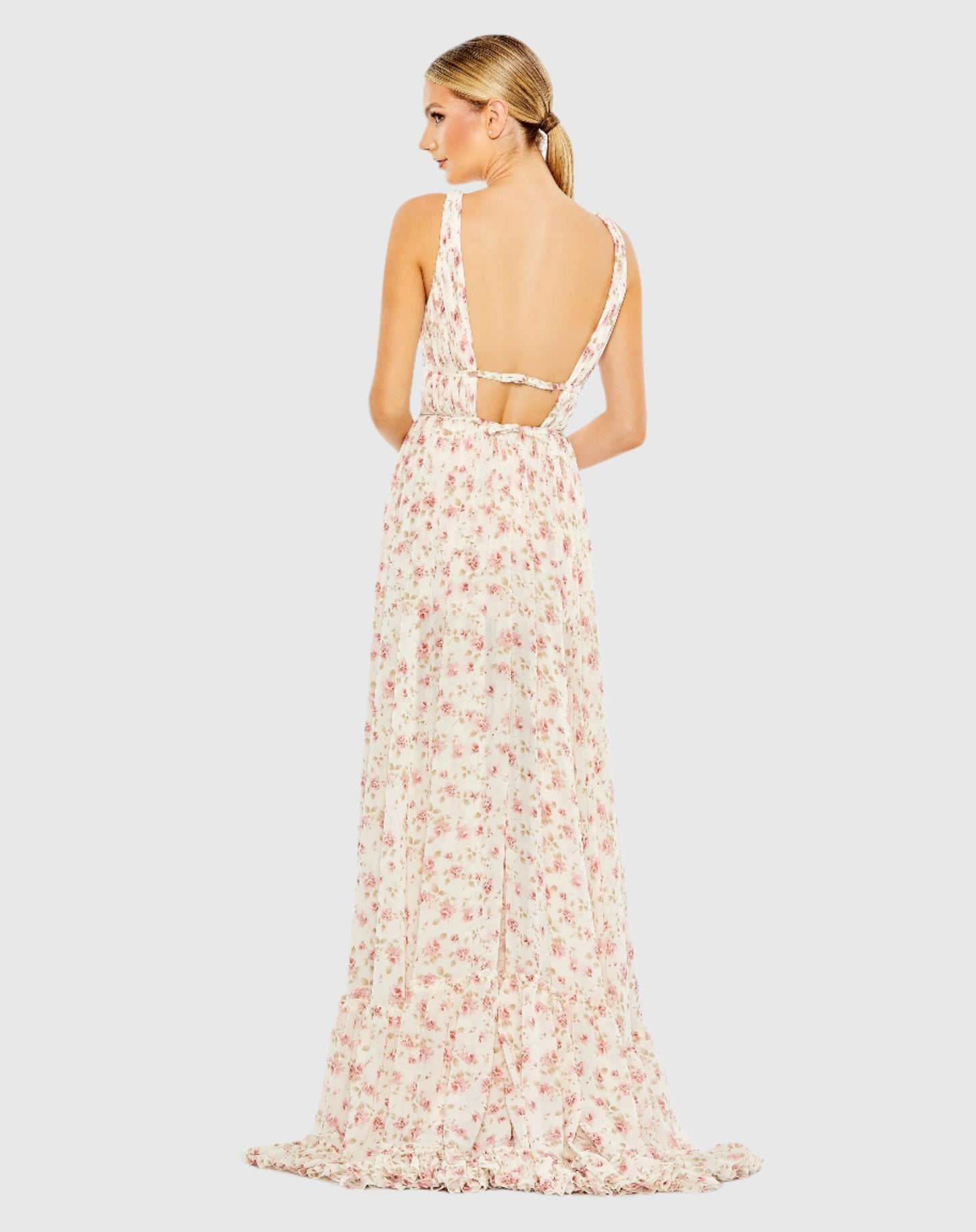 Vestido alto-bajo con volantes, sin mangas y estampado floral