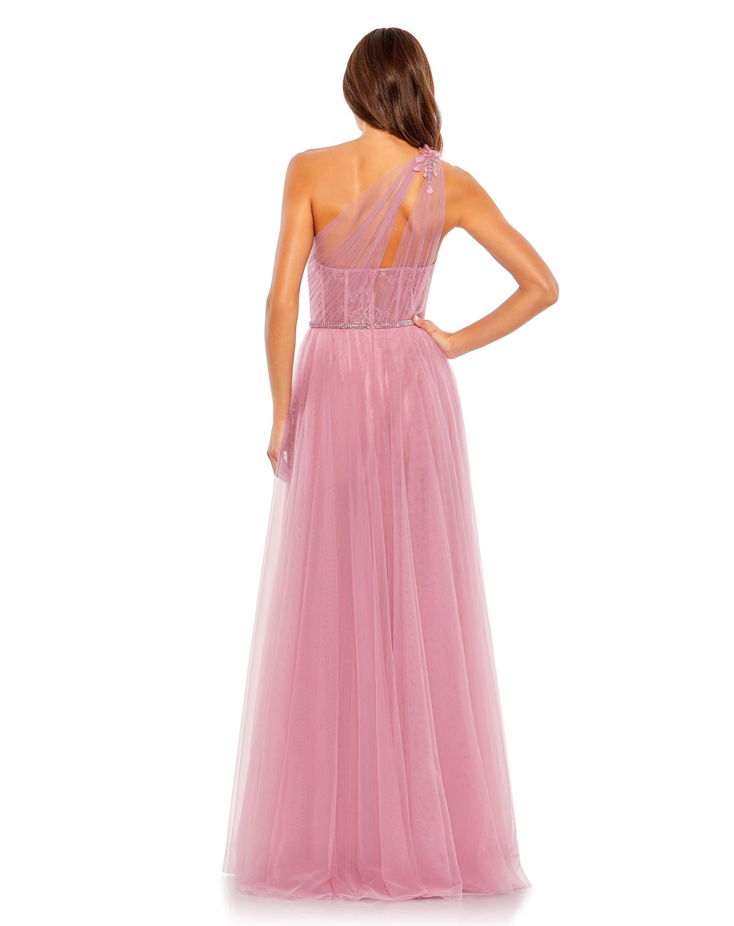 Embellished Tulle One Shoulder High Low Gown - Rose