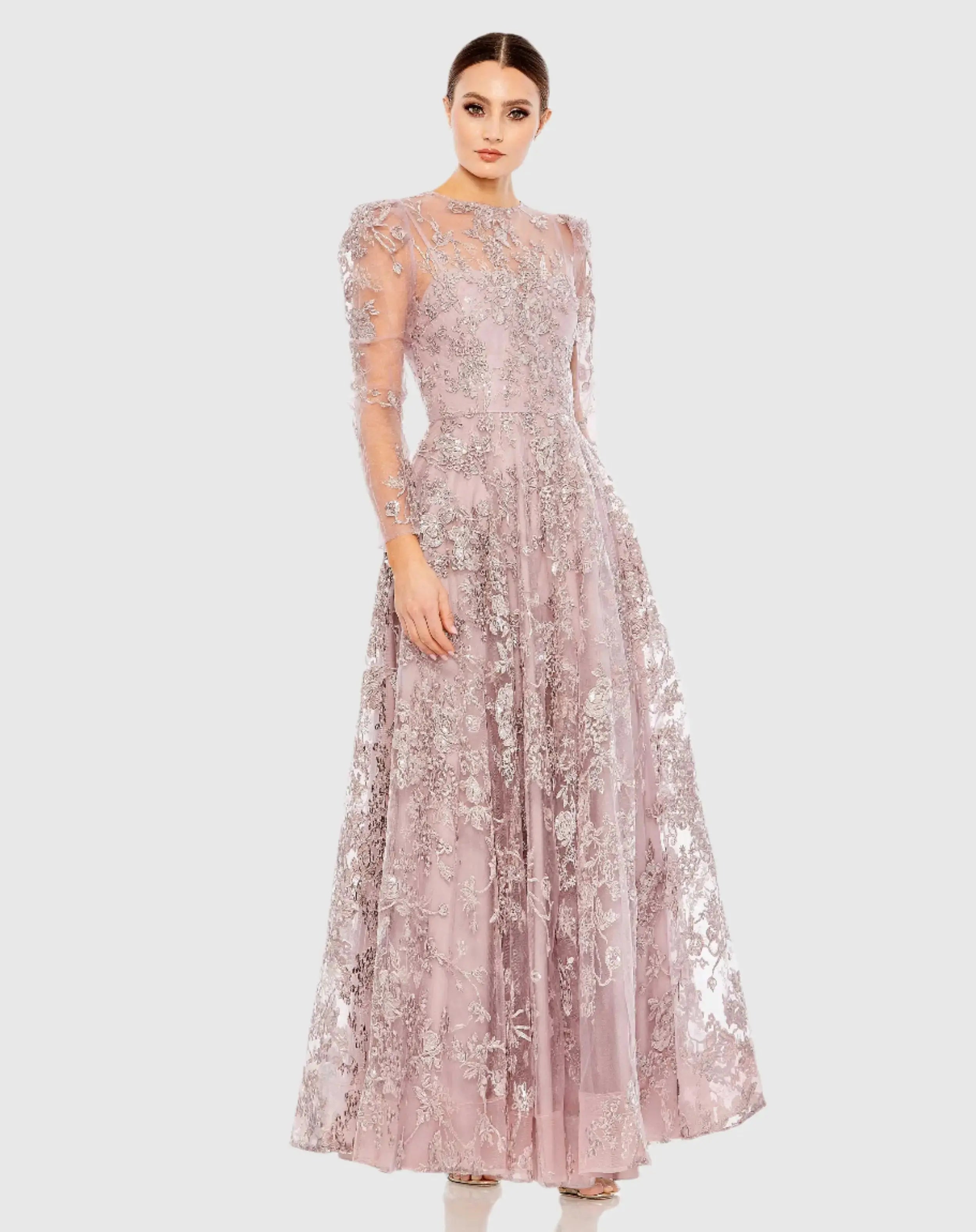 Embroidered Illusion High Neck Long Sleeve A Line Gown - Mac Duggal Embroidered Illusion High Neck Long Sleeve A Line Gown - Mac Duggal