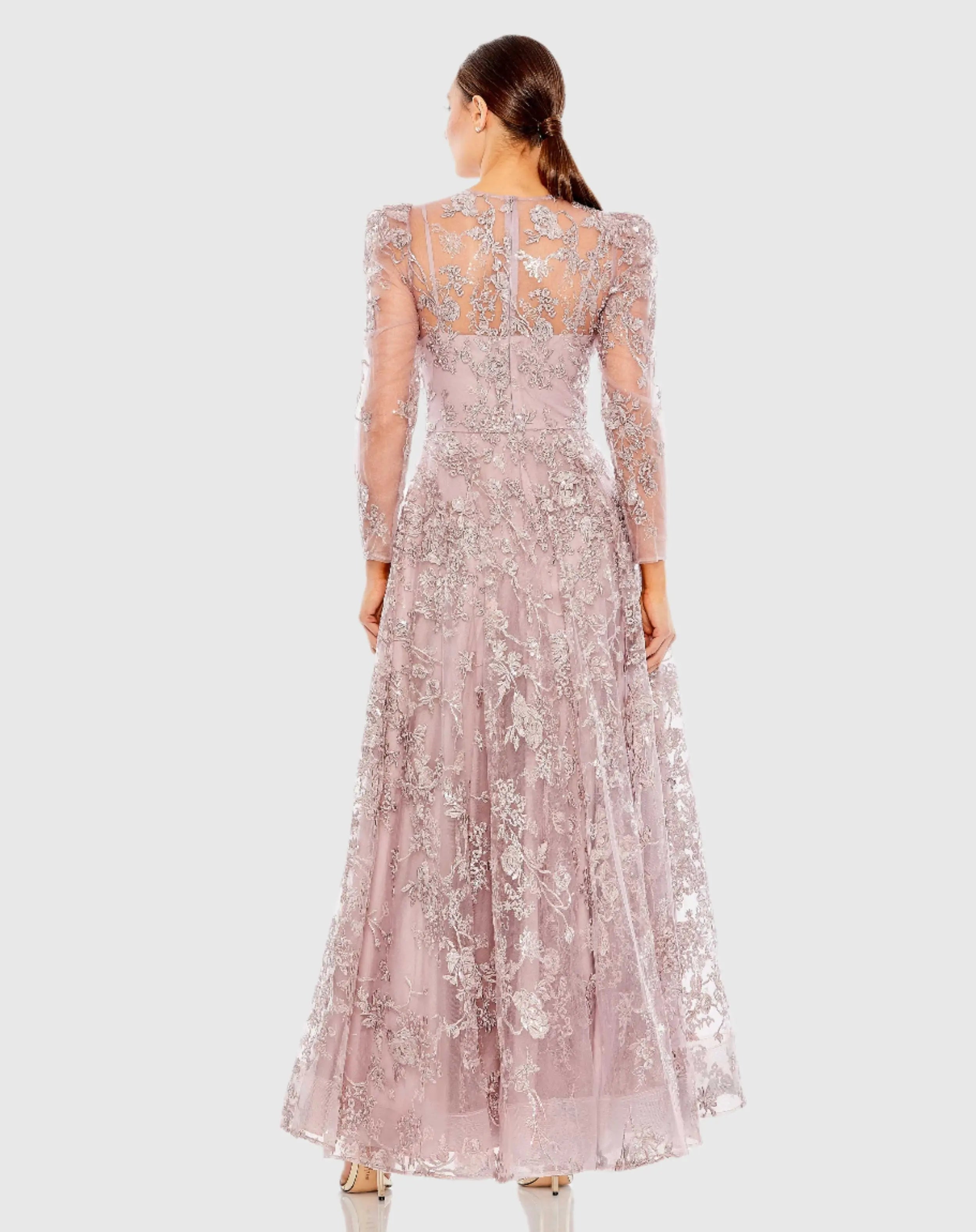 Purple Embroidered Illusion High Neck A Line Dress - Mac Duggal