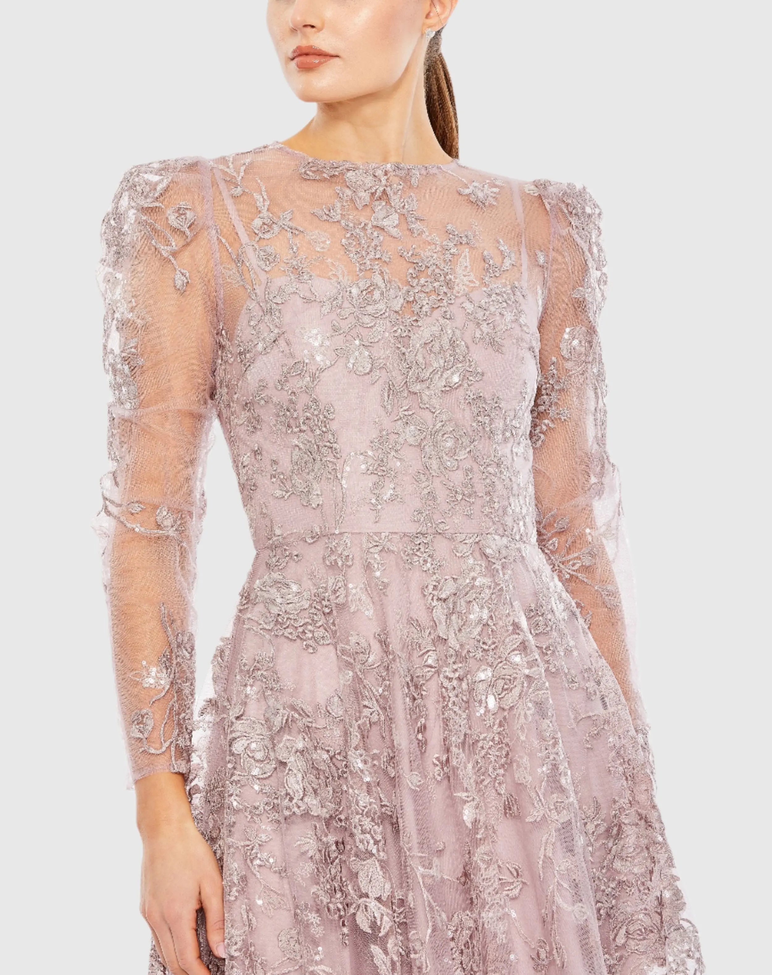 Purple Embroidered Illusion High Neck A Line Dress - Mac Duggal