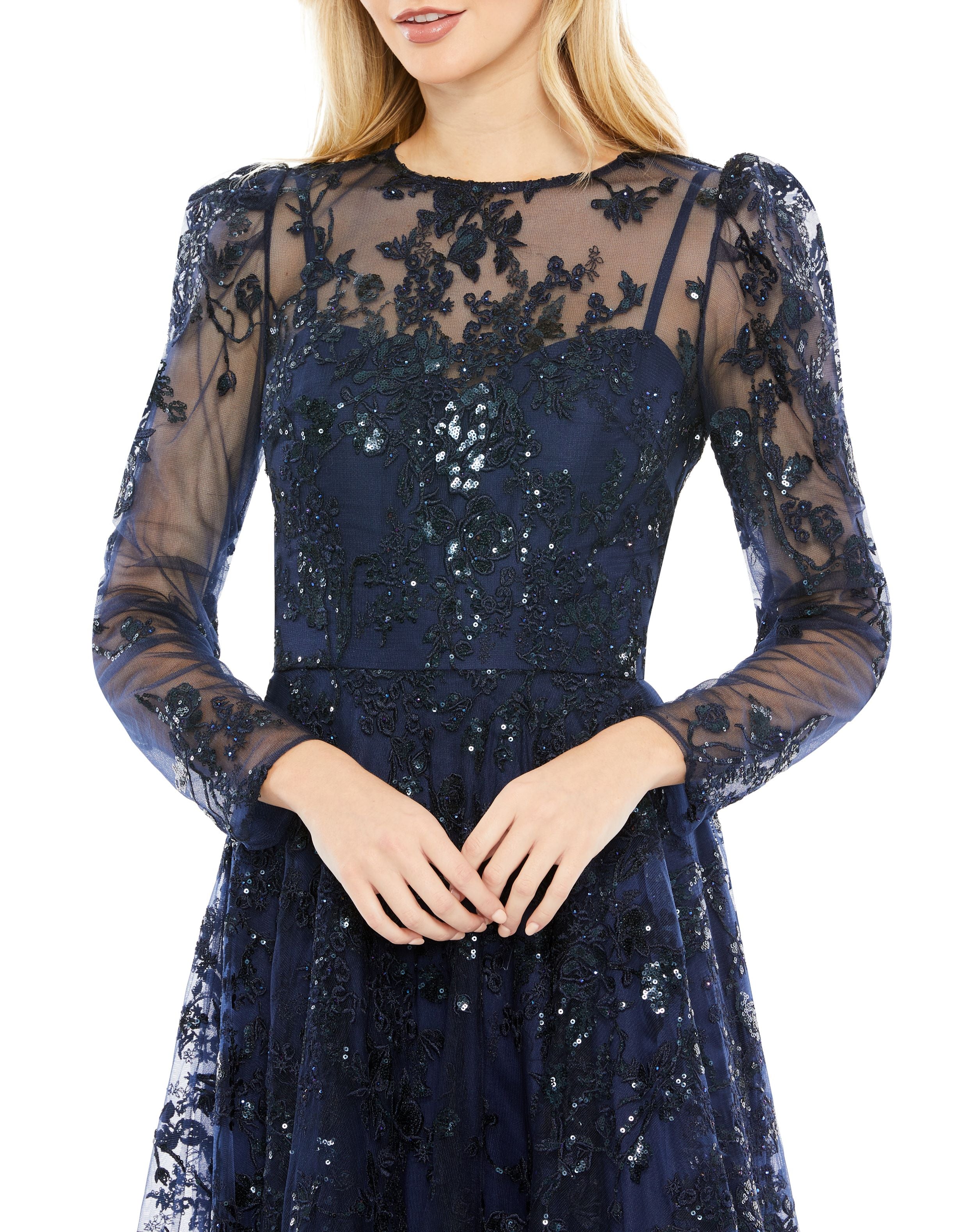 Embroidered Illusion High Neck A Line Dress