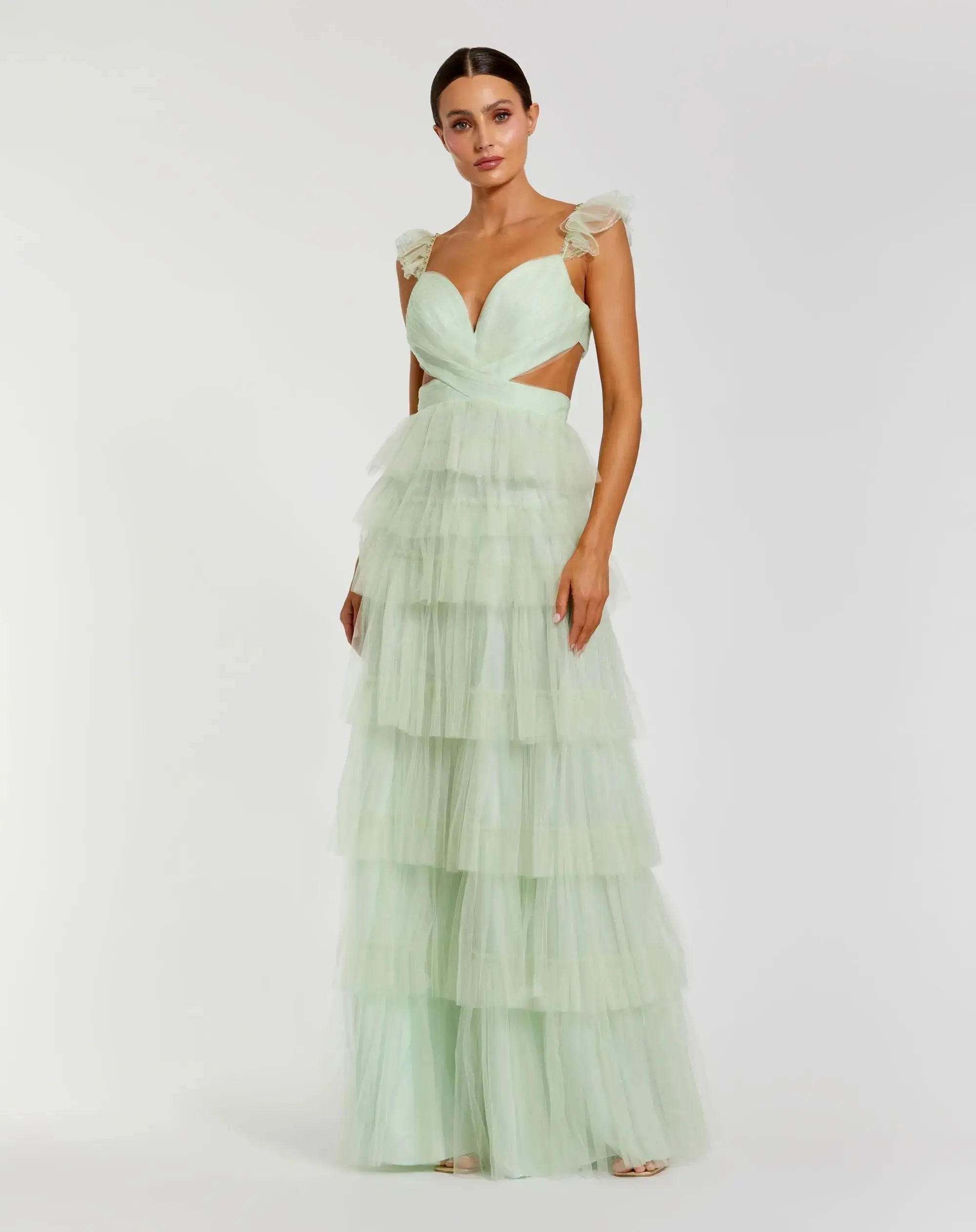 Green Ruffle Tiered Tulle Cut Out Gown - Mac Duggal