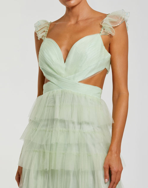 Green Ruffle Tiered Tulle Cut Out Gown Mac Duggal