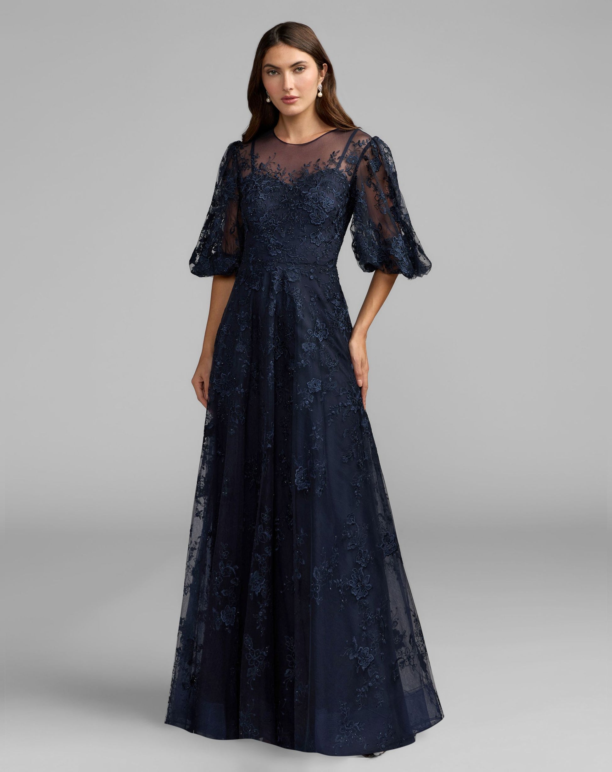 Navy Embroidered Illusion Neck Puff Sleeve A-Line Gown - Mac Duggal