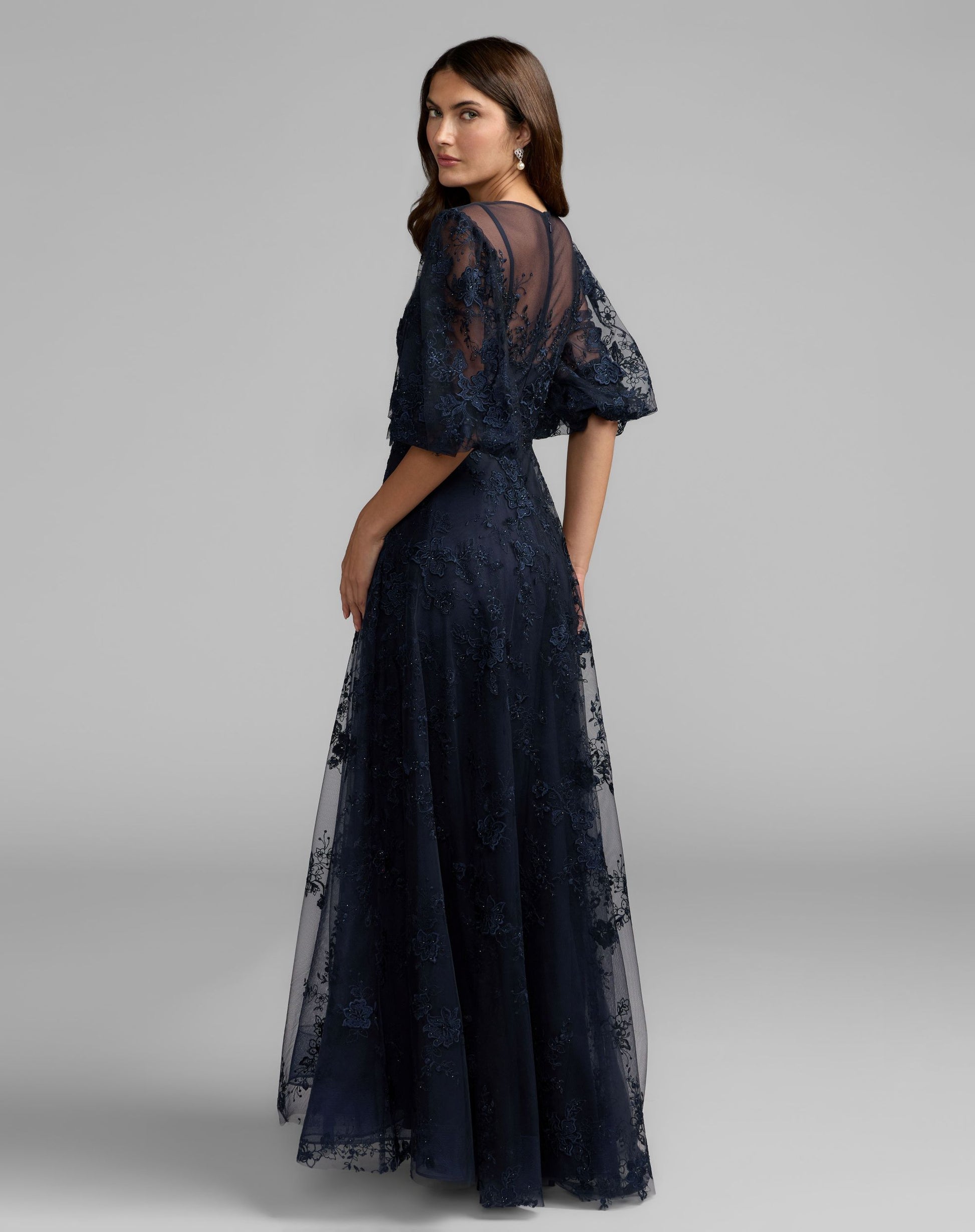 Navy Embroidered Illusion Neck Puff Sleeve A-Line Gown - Mac Duggal