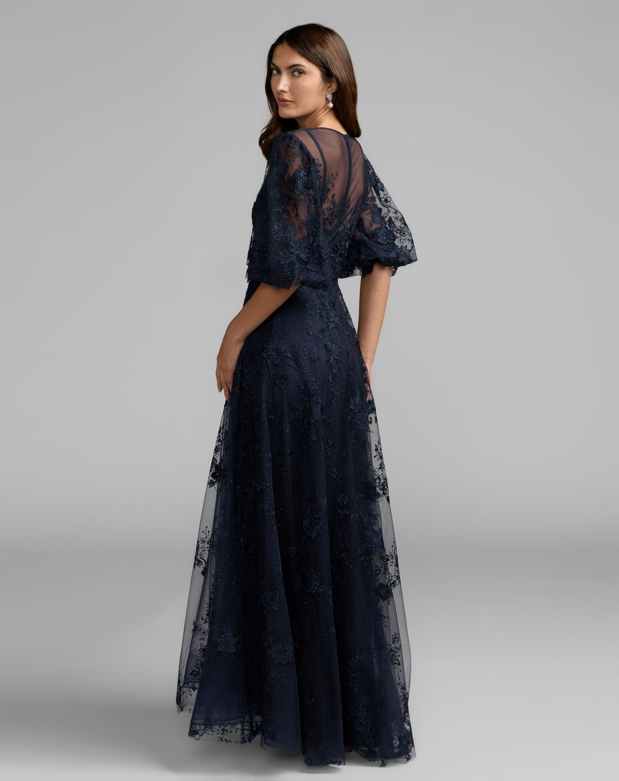 Navy Embroidered Illusion Neck Puff Sleeve A-Line Gown - Mac Duggal