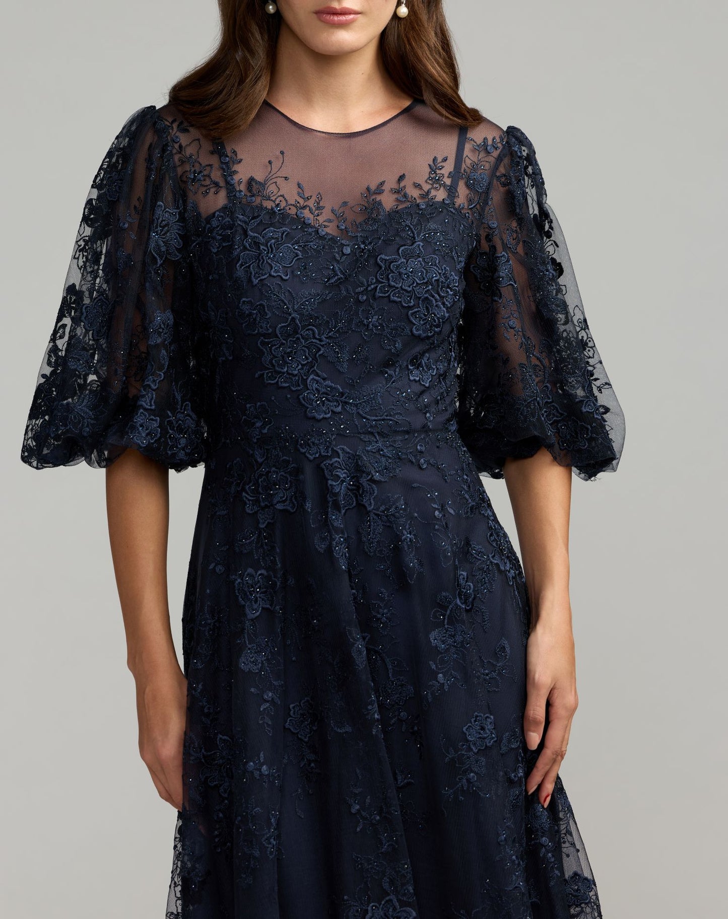 Navy Embroidered Illusion Neck Puff Sleeve A-Line Gown - Mac Duggal