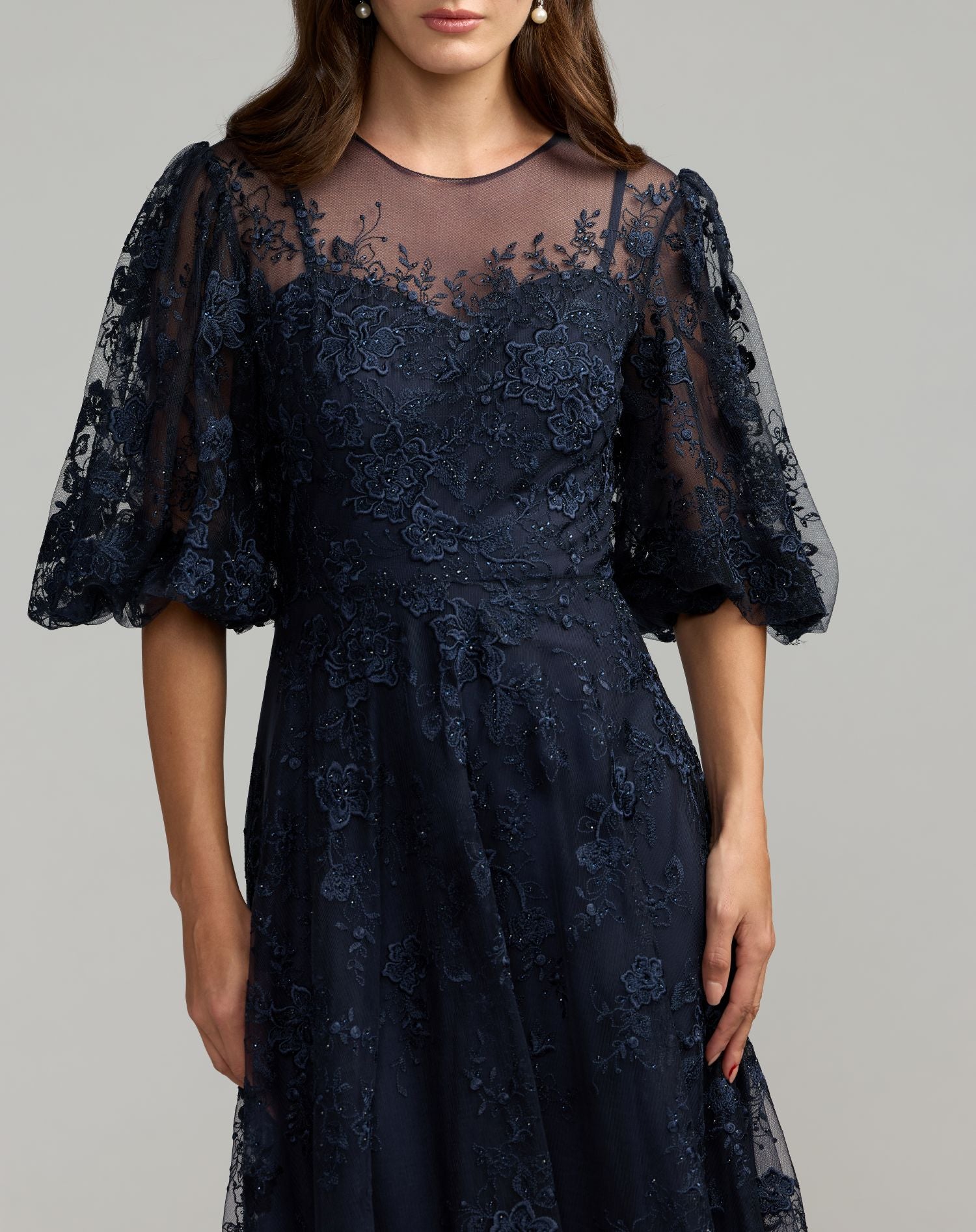 Navy Embroidered Illusion Neck Puff Sleeve A-Line Gown - Mac Duggal