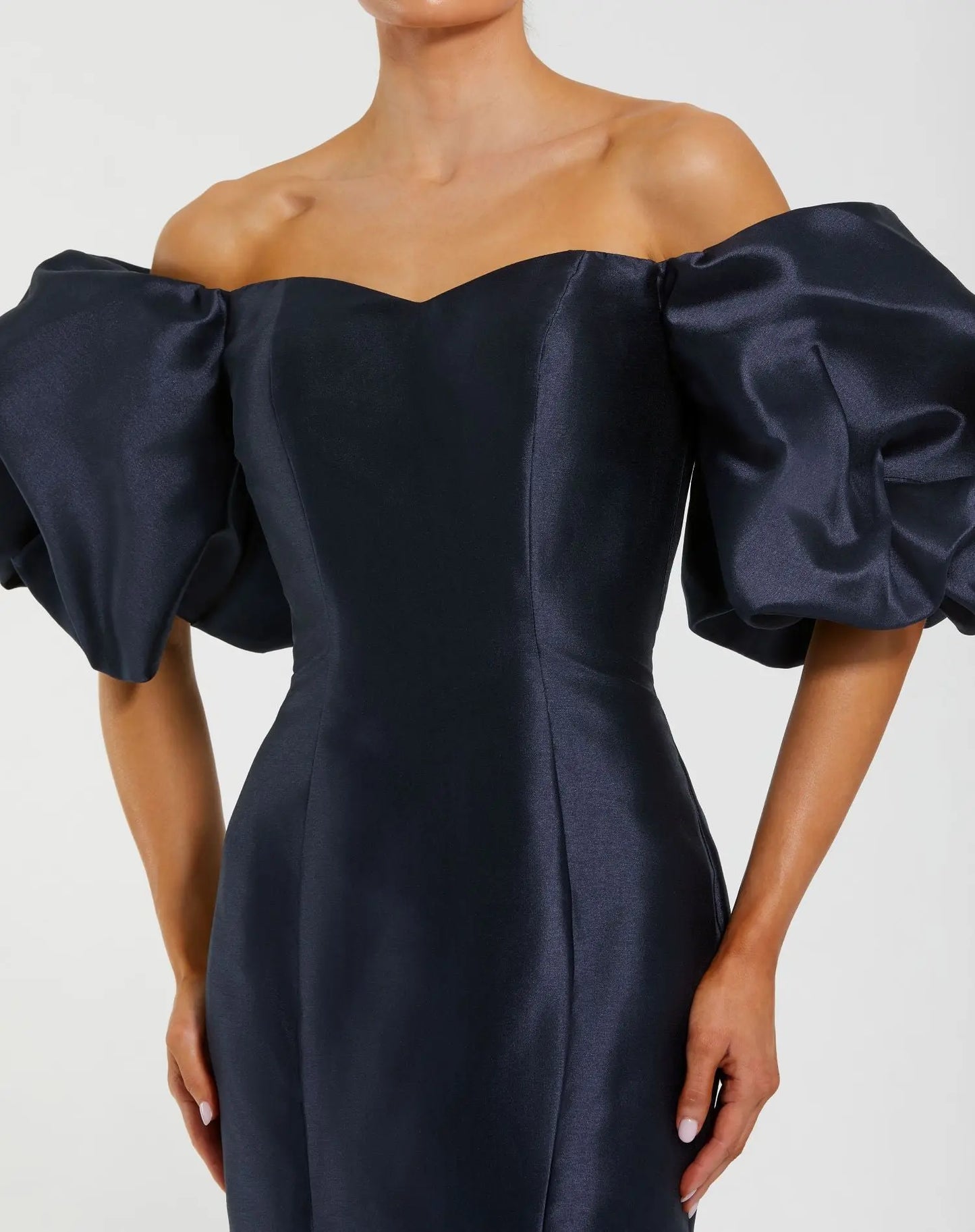 Navy Sweetheart Off The Shoulder Puff Sleeve Gown Mac Duggal