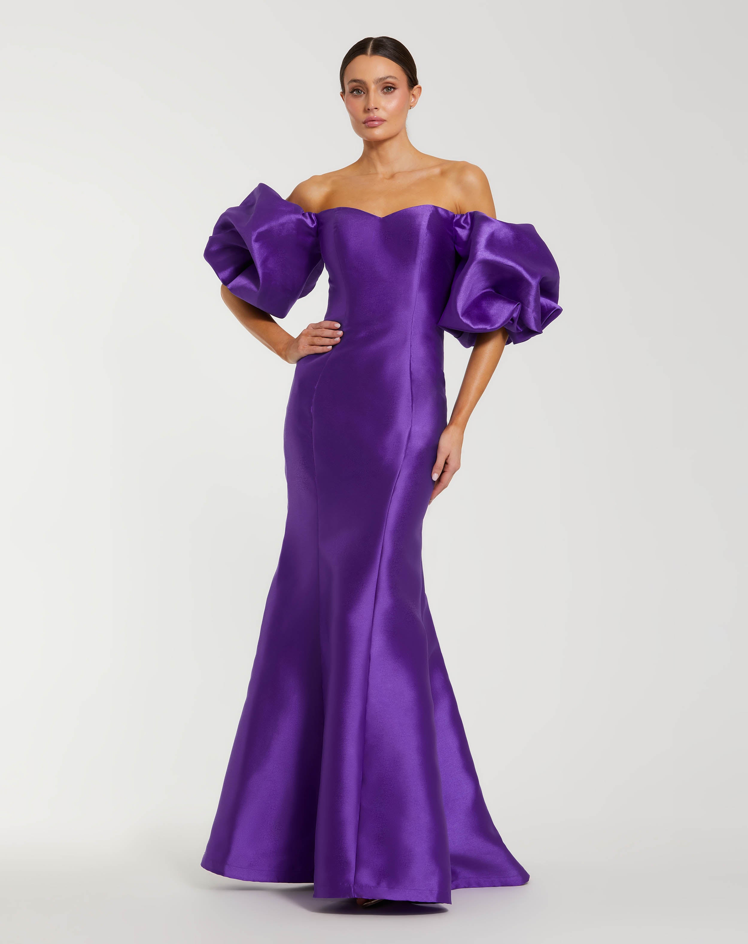 Dark Purple Sweetheart Off The Shoulder Puff Sleeve Gown - Mac Duggal