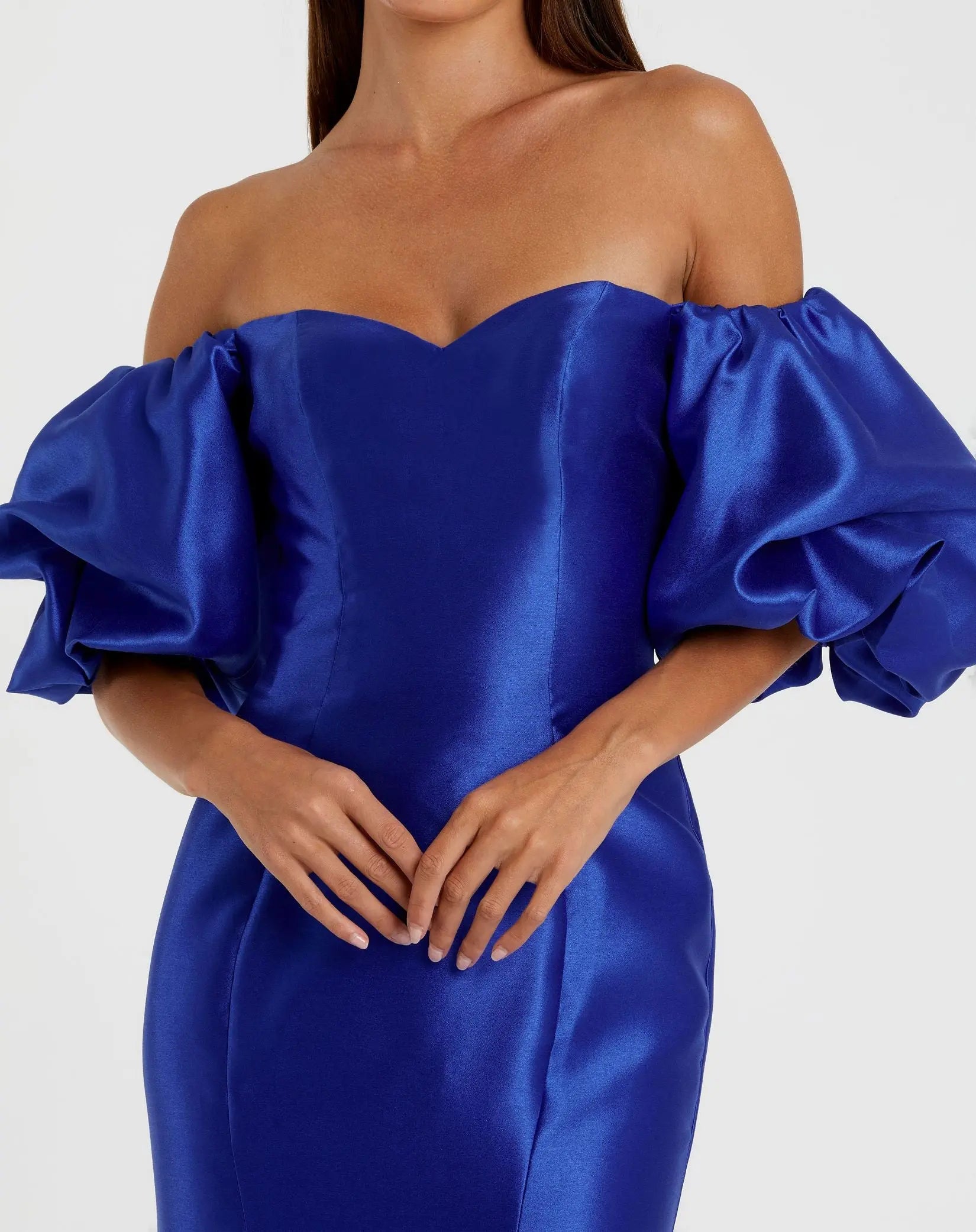 Mac Duggal - Blue Sweetheart Off The Shoulder Puff Sleeve Gown - US 4 Mac Duggal - Blue Sweetheart Off The Shoulder Puff Sleeve Gown - US 4