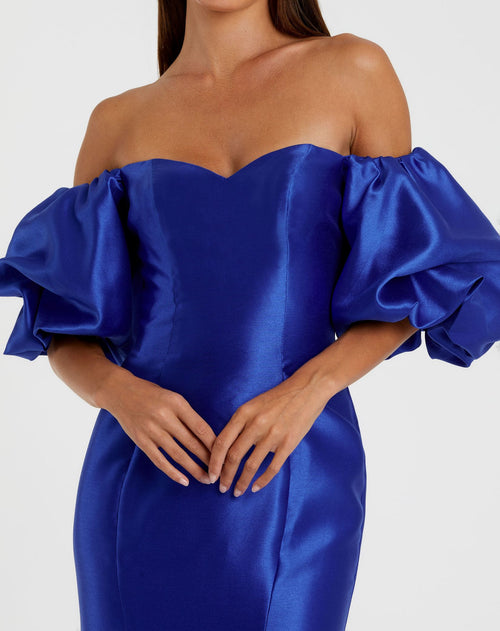 Blue Sweetheart Off The Shoulder Puff Sleeve Gown