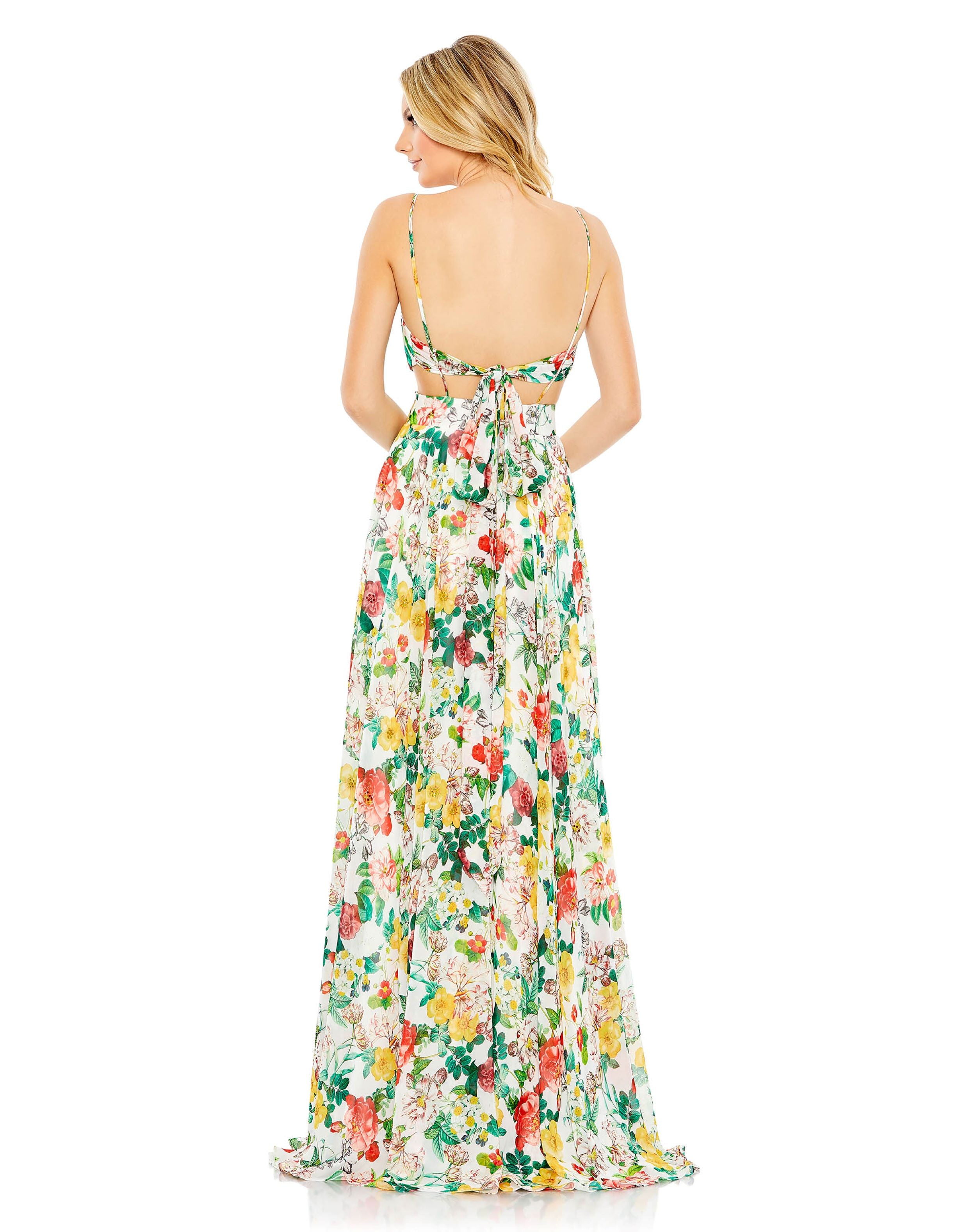 Floral Print Cut Out Soft Tie Back A Line Gown | Sample | Sz. 4