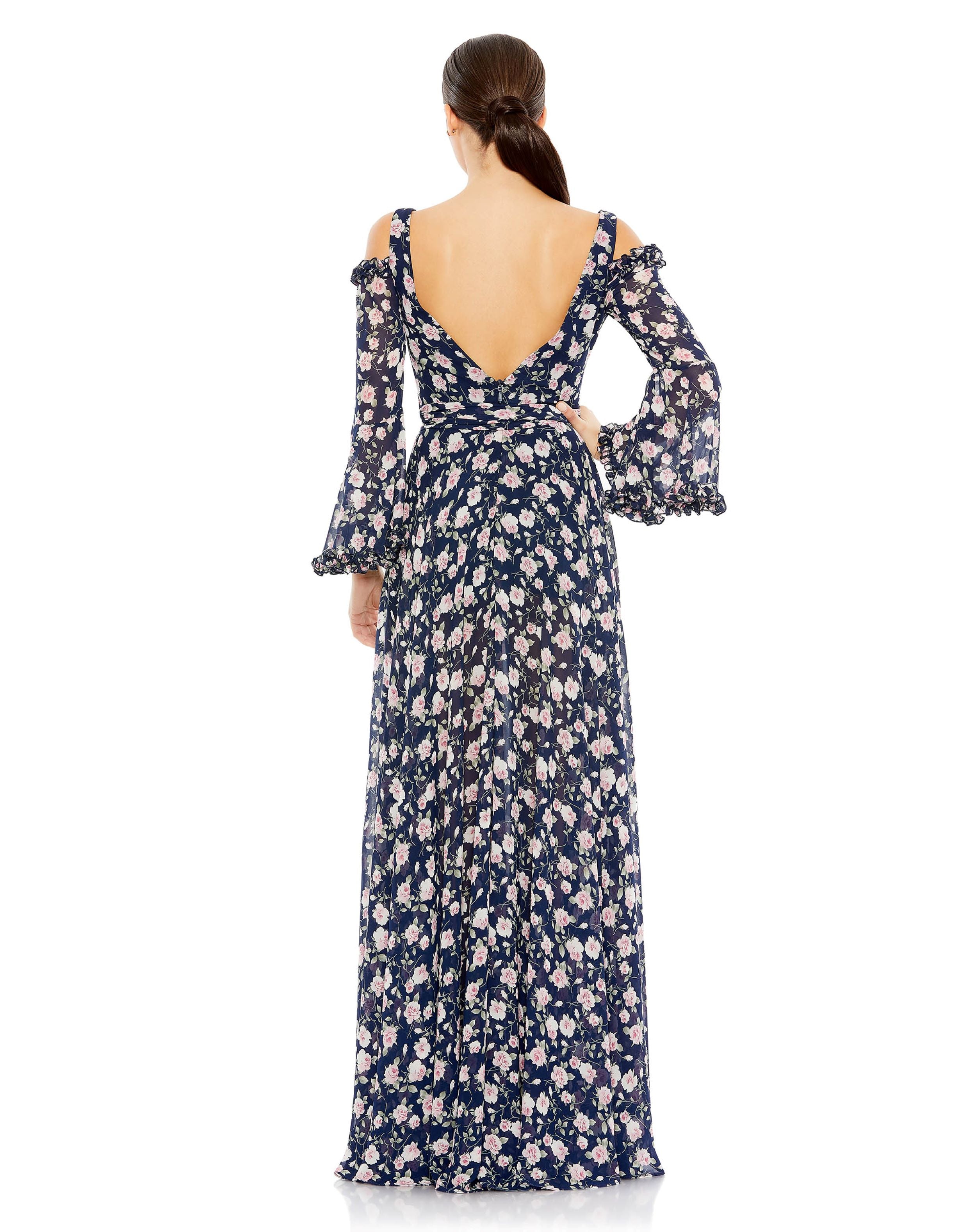 Floral Print Cold Shoulder Flounce Sleeve Gown | Sample | Sz. 4