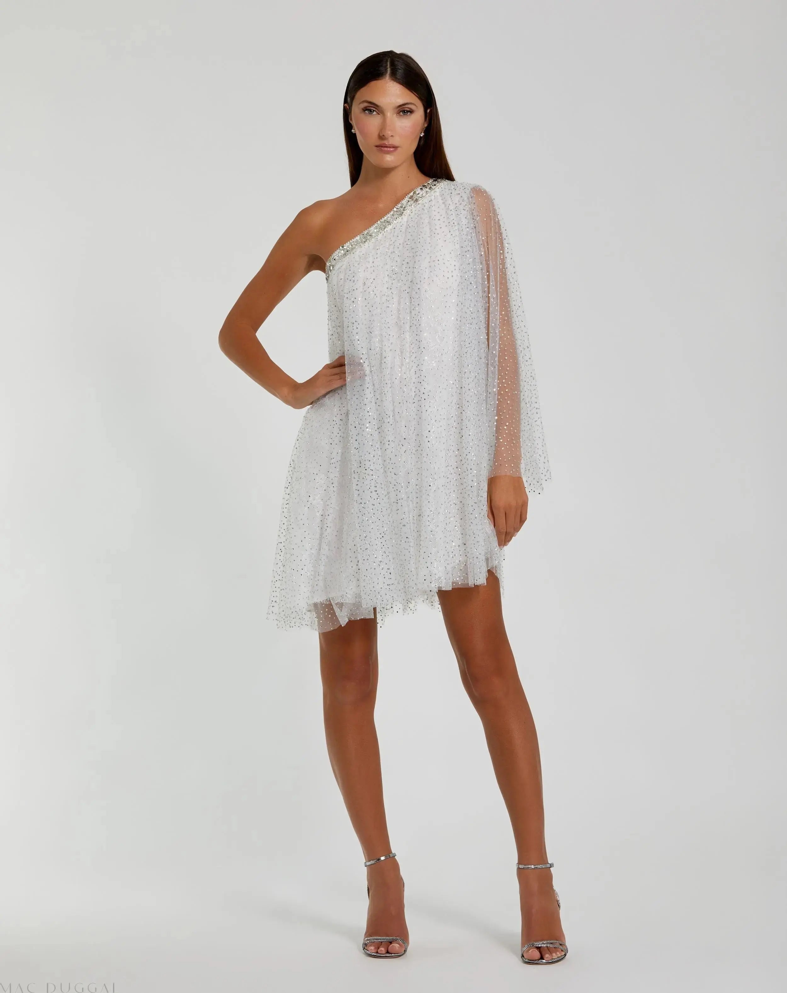 White One Shoulder Embellished Tulle Mini Dress - Mac Duggal