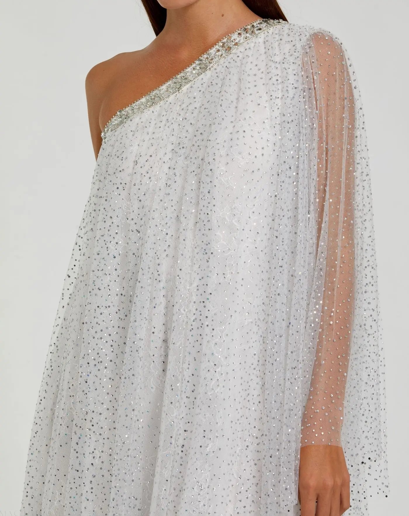 White One Shoulder Embellished Tulle Mini Dress - Mac Duggal