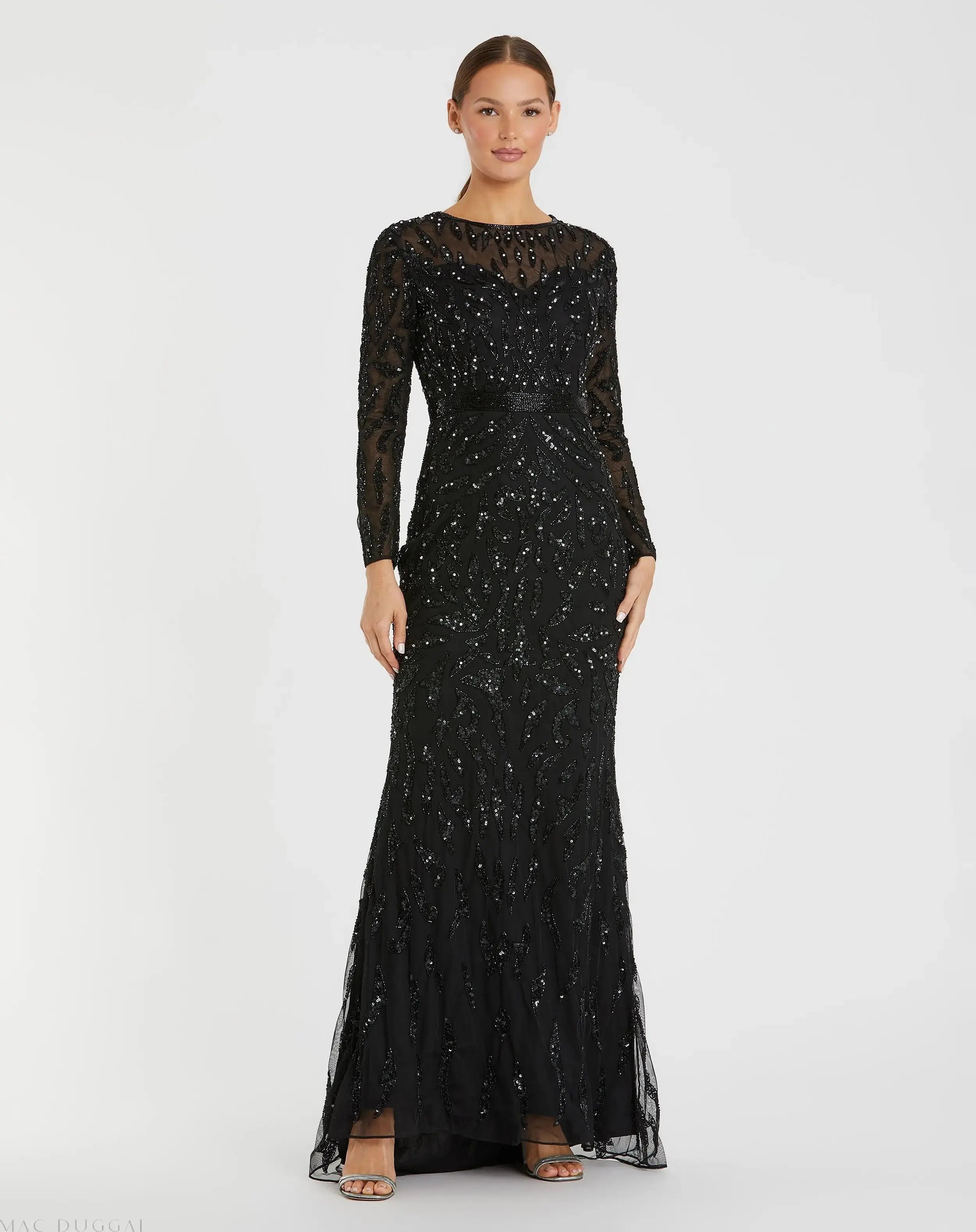 mac duggal black embellished floral long sleeve dress fitting sheath silhouette that elongates the body Mac Duggal Women's Jersey Long