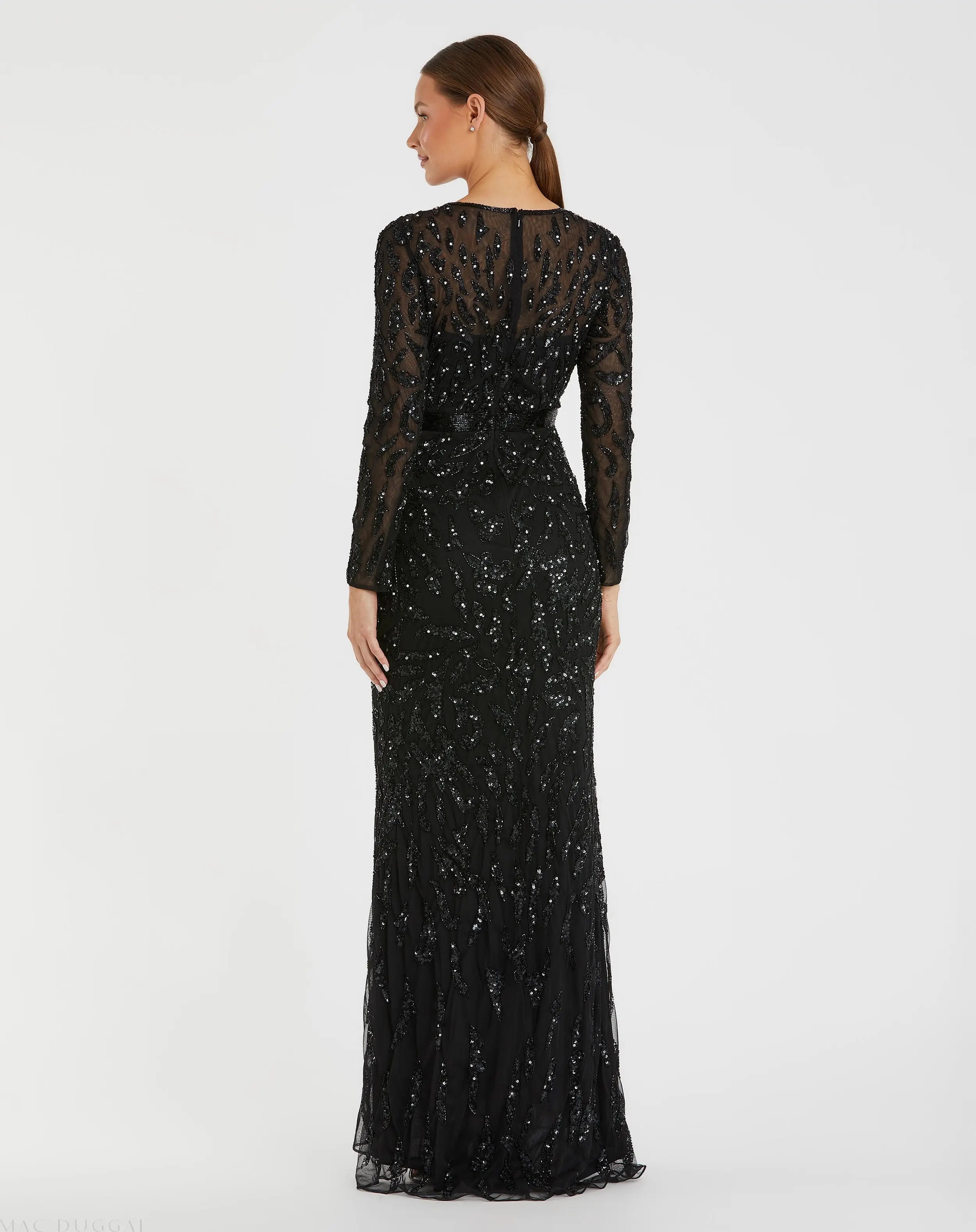 Black Beaded Long Sleeve Evening Gown - Mac Duggal