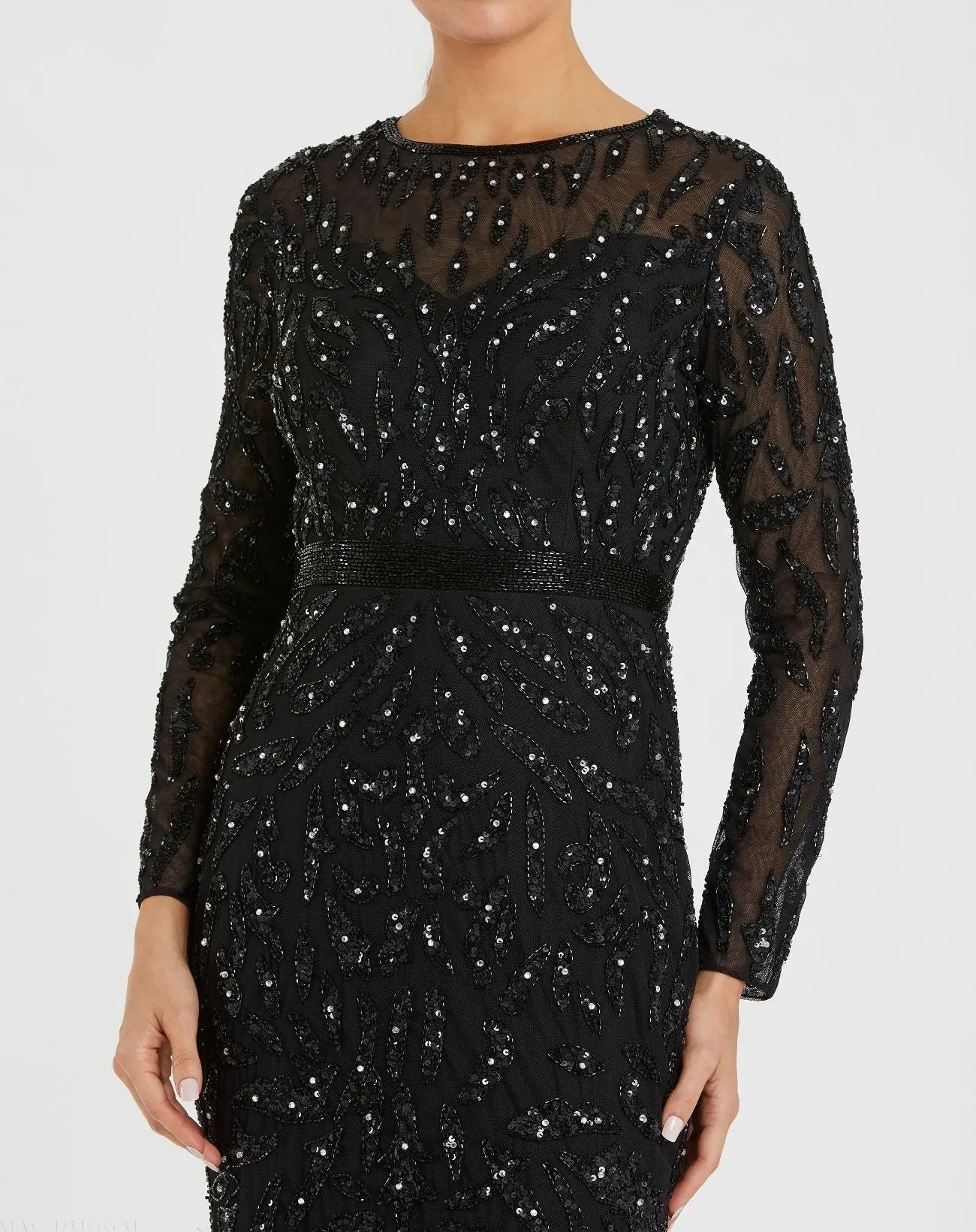 Mac Duggal - Black Long Sleeve Beaded Evening Gown - US 6 Mac Duggal - Black Long Sleeve Beaded Evening Gown - US 6