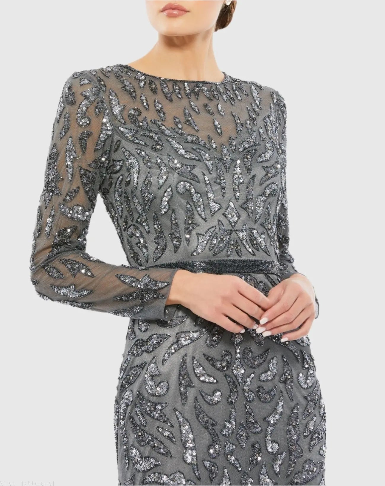 Dark Gray Beaded Long Sleeve Evening Gown - Mac Duggal