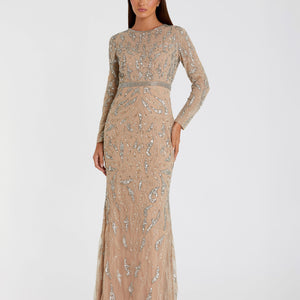 Beaded Long Sleeve Evening Gown