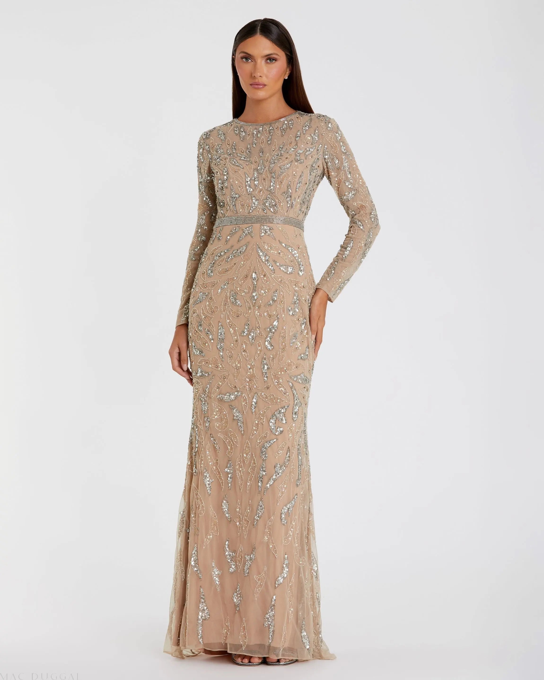 Beige Long Sleeve Beaded Evening Gown - Mac Duggal