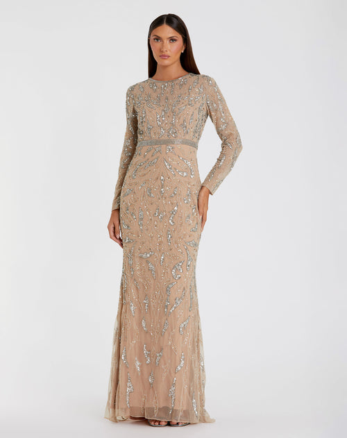 Beaded Long Sleeve Evening Gown