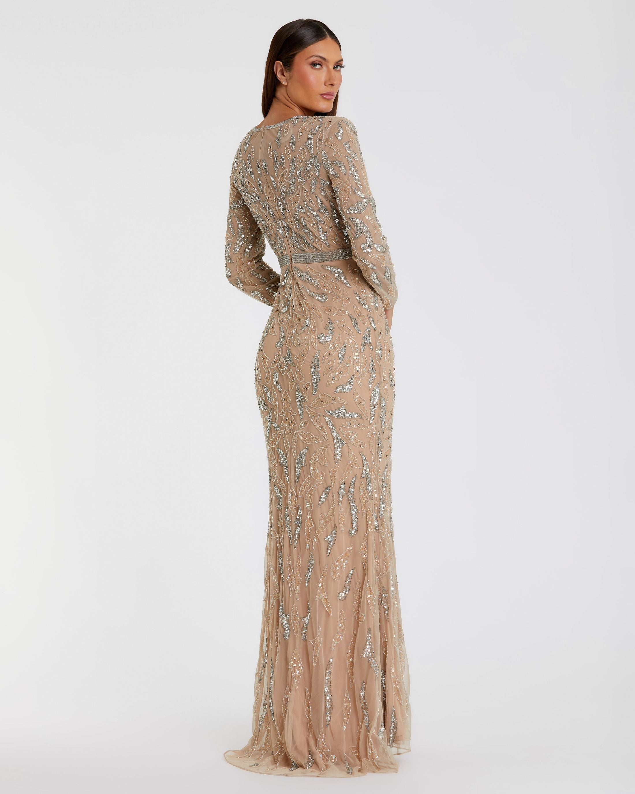 Beige Long Sleeve Beaded  Evening Gown - Mac Duggal