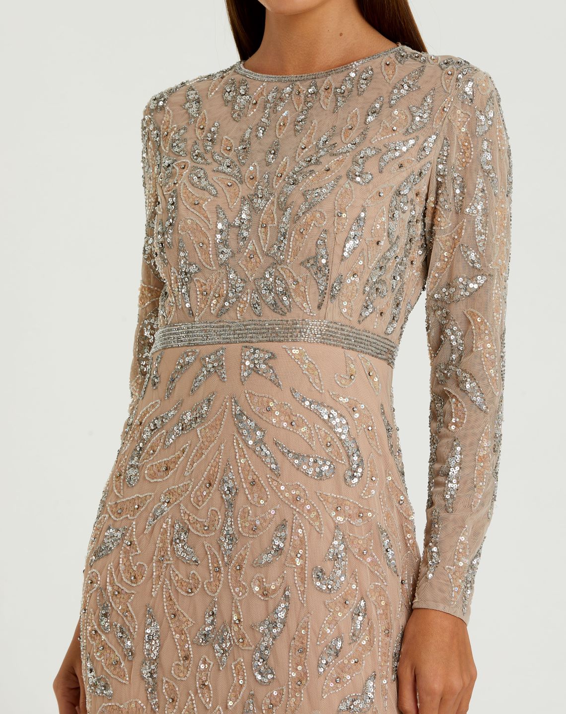 Nude Beaded Long Sleeve Evening Gown