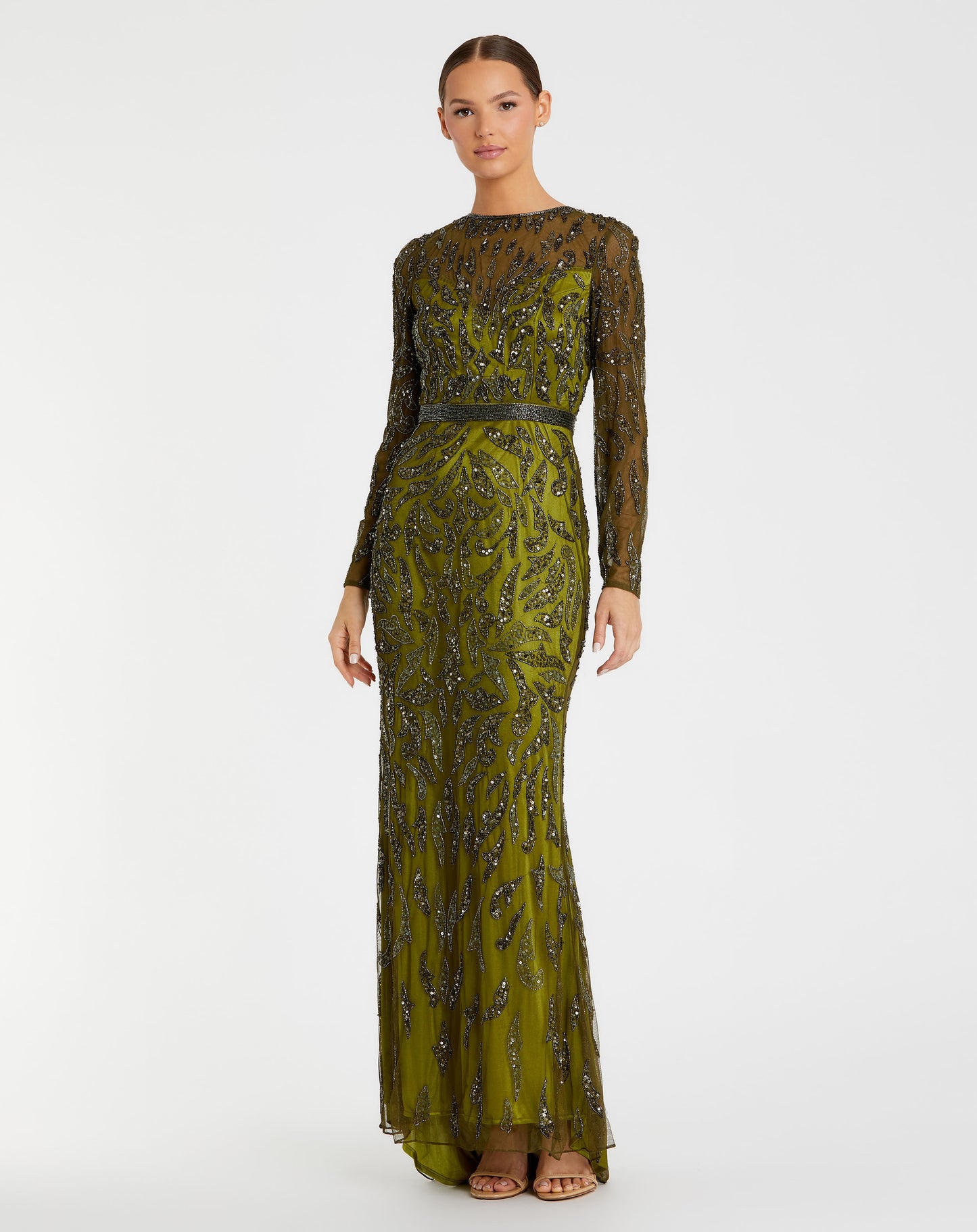 Beaded Long Sleeve Evening Gown