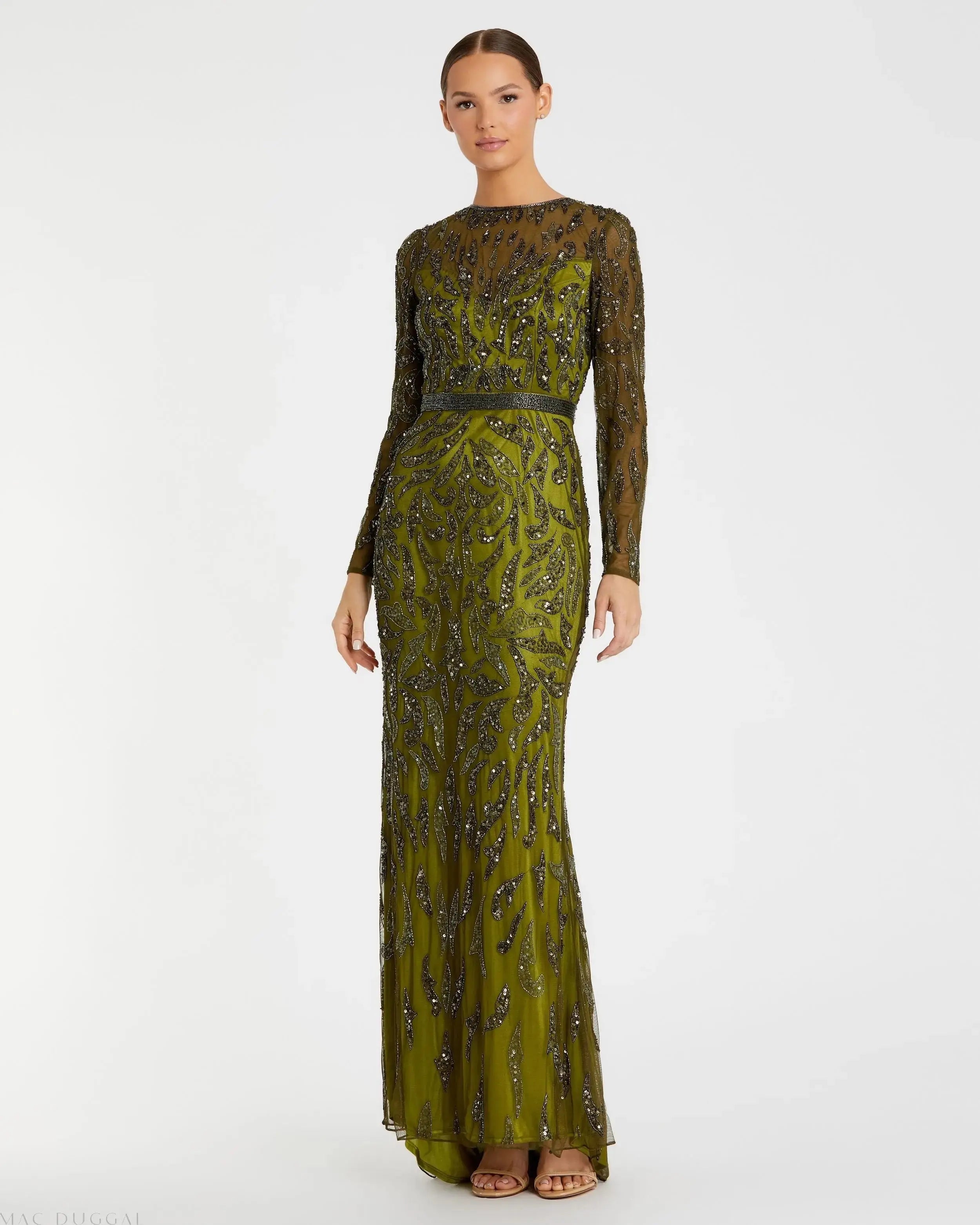 Green Long Sleeve Beaded Evening Gown - Mac Duggal