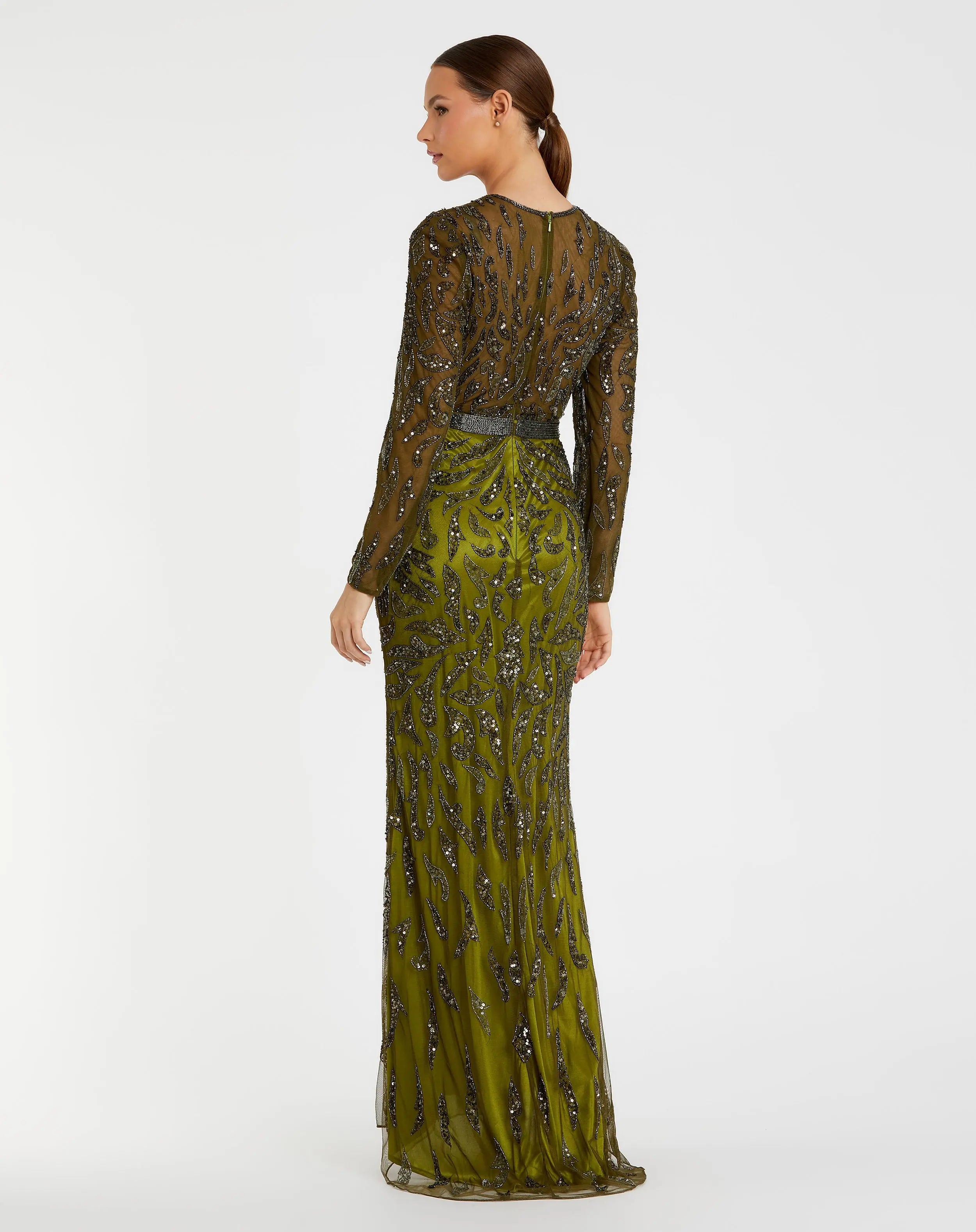Green Beaded Long Sleeve Evening Gown - Mac Duggal