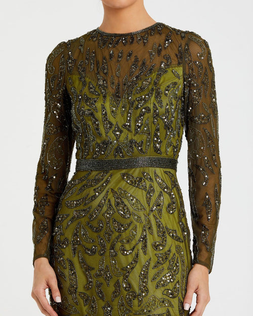 Olive Green Beaded Long Sleeve Evening Gown