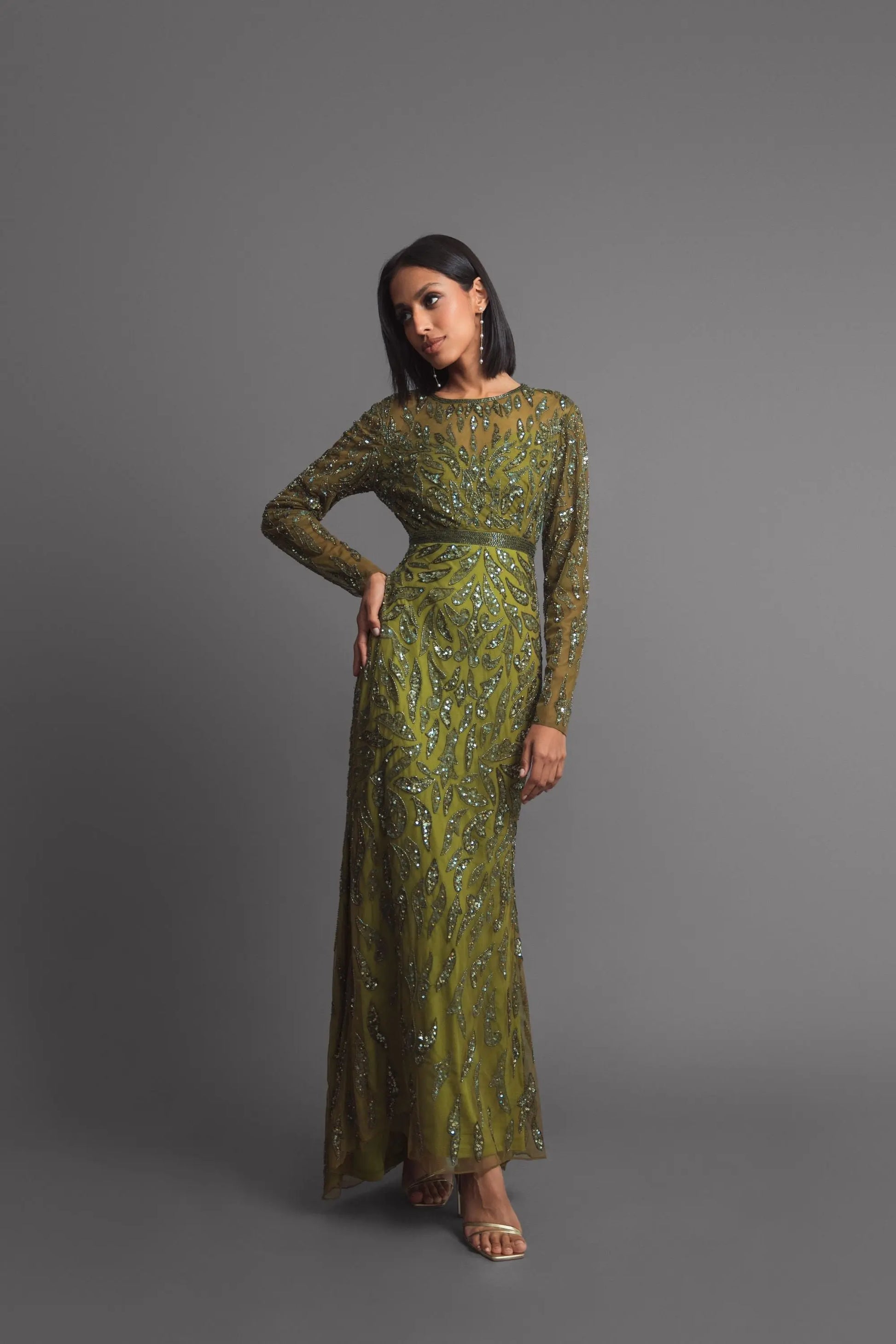 Green Long Sleeve Beaded Evening Gown | Mac Duggal Green Long Sleeve Beaded Evening Gown | Mac Duggal