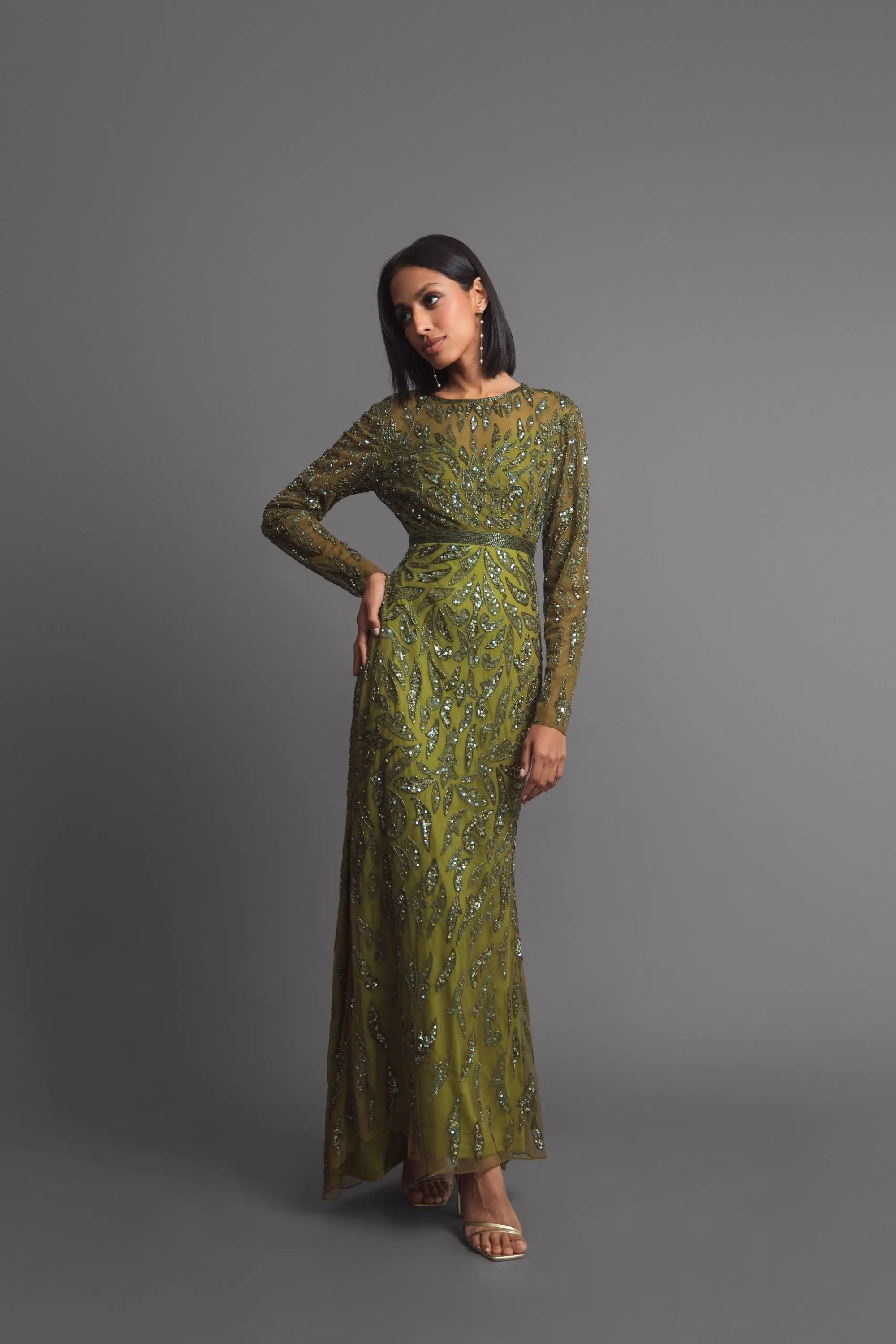 Green Long Sleeve Beaded Evening Gown - Mac Duggal
